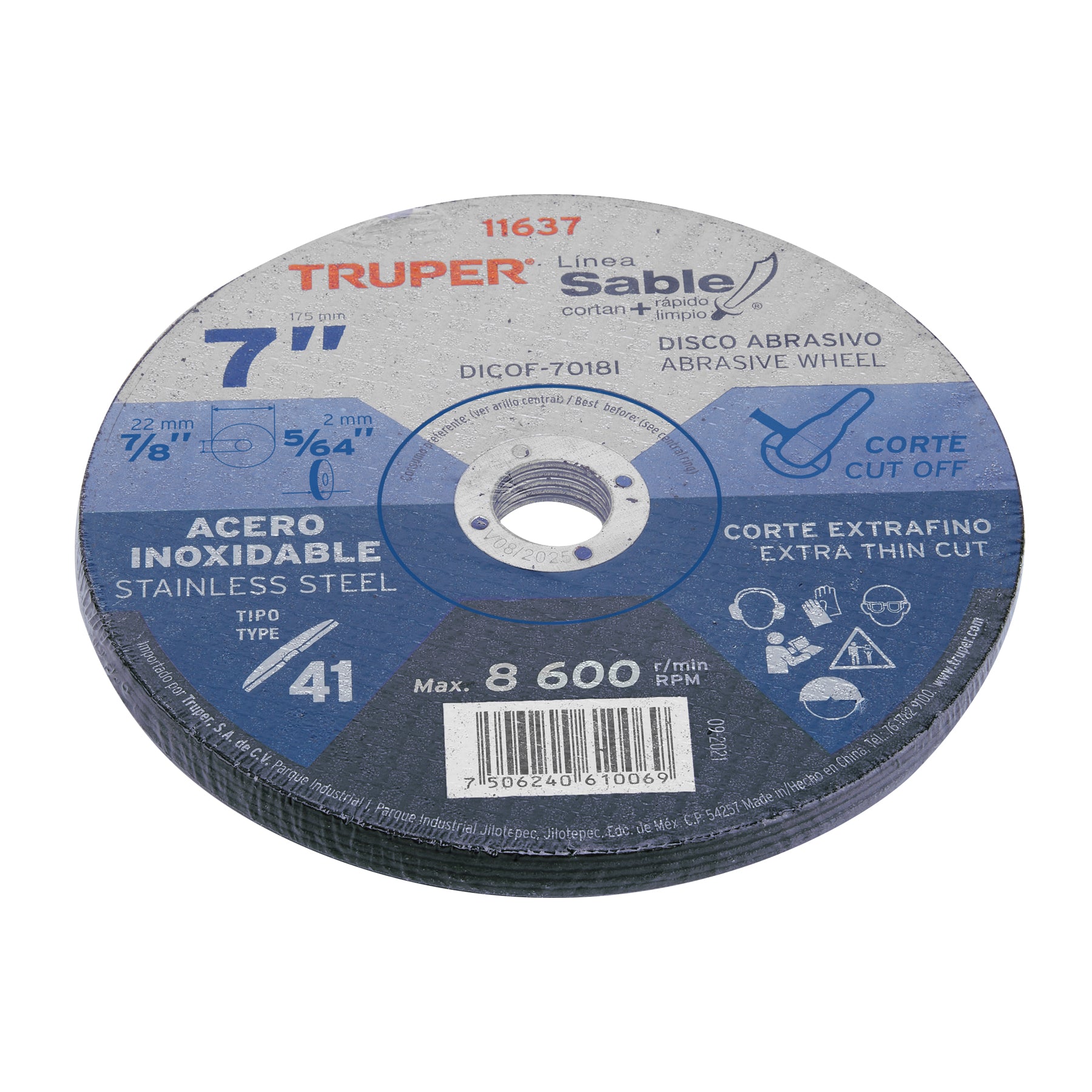 Disco Tipo 41 de 7" x 1.8 mm corte fino acero inoxidable Sable