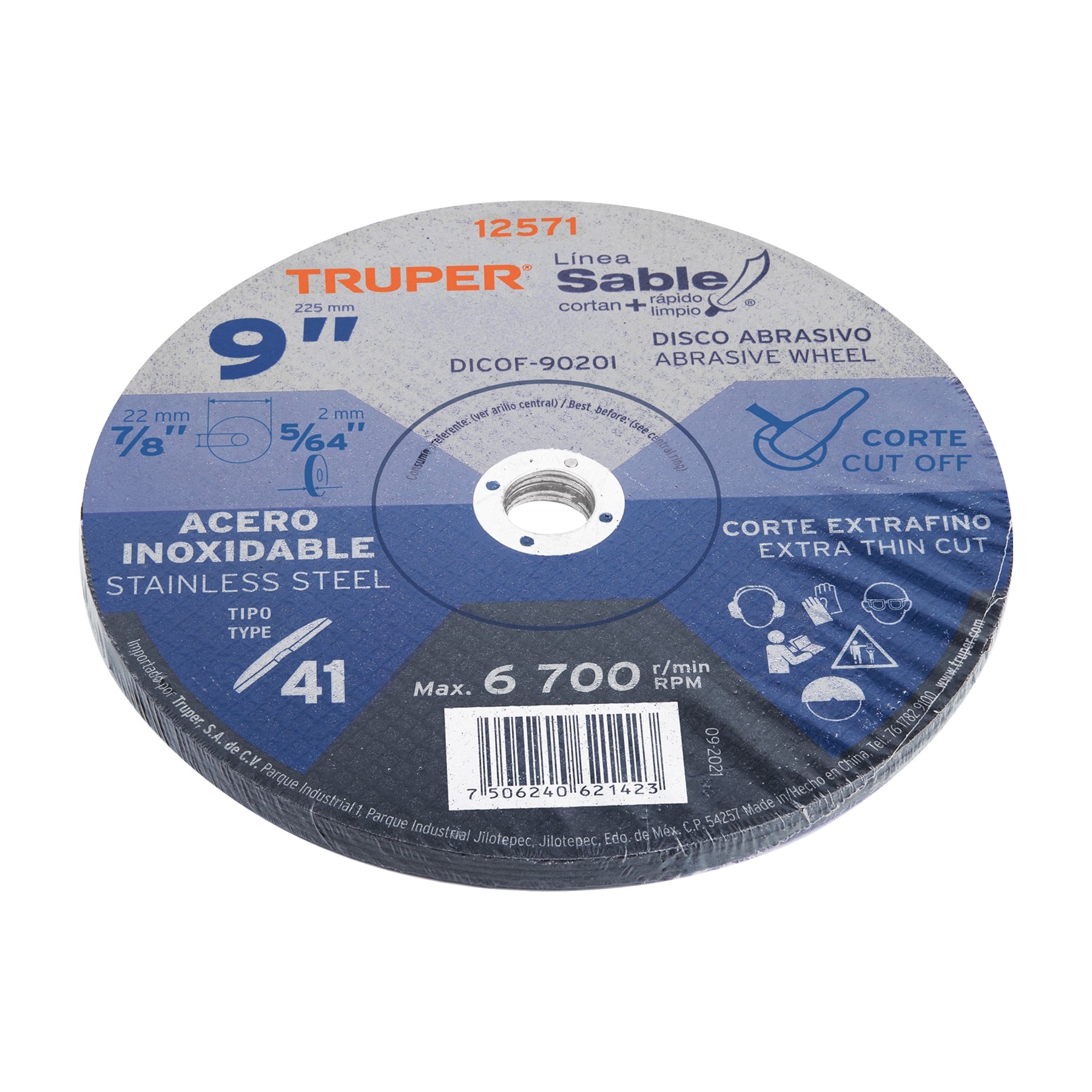 Disco Tipo 41 de 9" x 2 mm corte fino acero inoxidable Sable