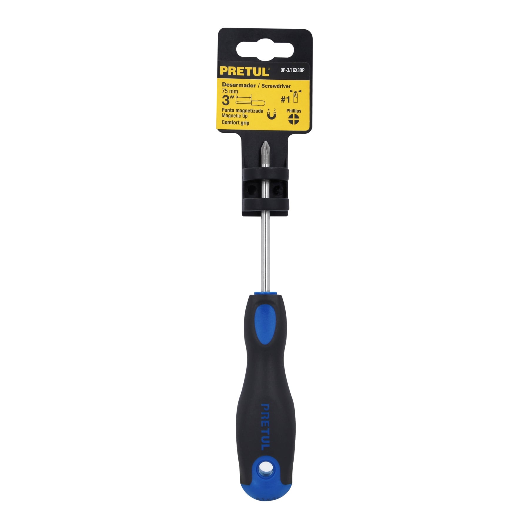 Desarmador de cruz 3/16" x 3" mango Comfort Grip, Pretul