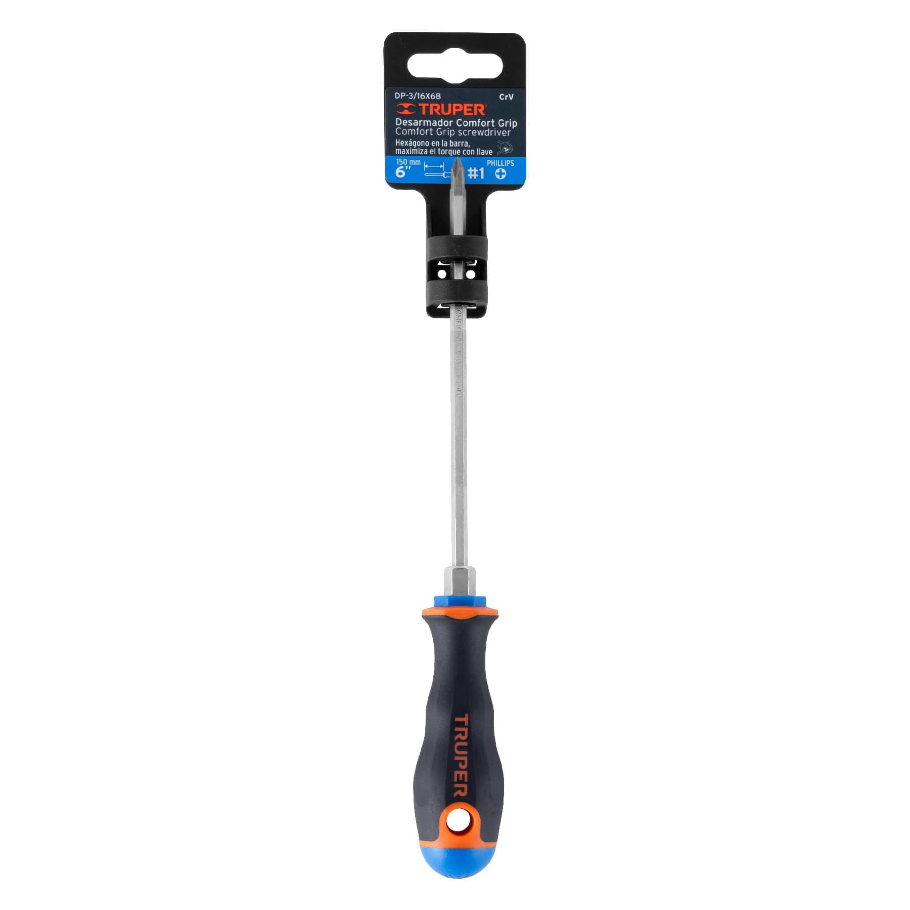 Desarmador de cruz 3/16" x 6" mango Comfort Grip, Truper