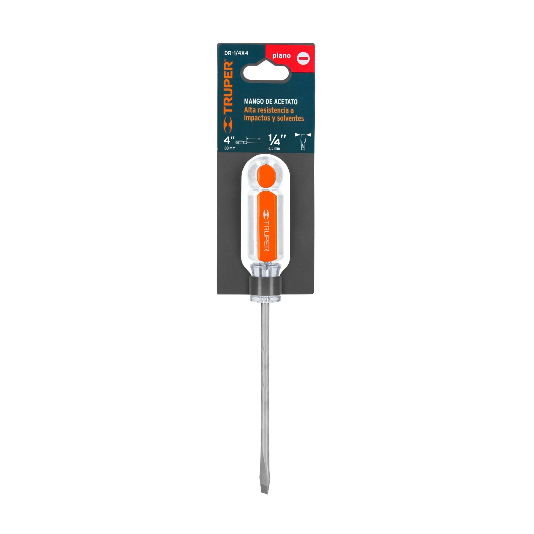Desarmador plano 1/4" x 4" mango de acetato, Truper