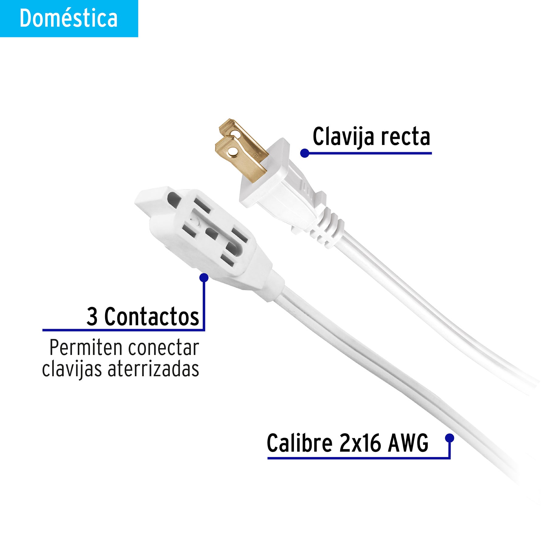 Extensión eléctrica doméstica 8 m clavija recta, blanca