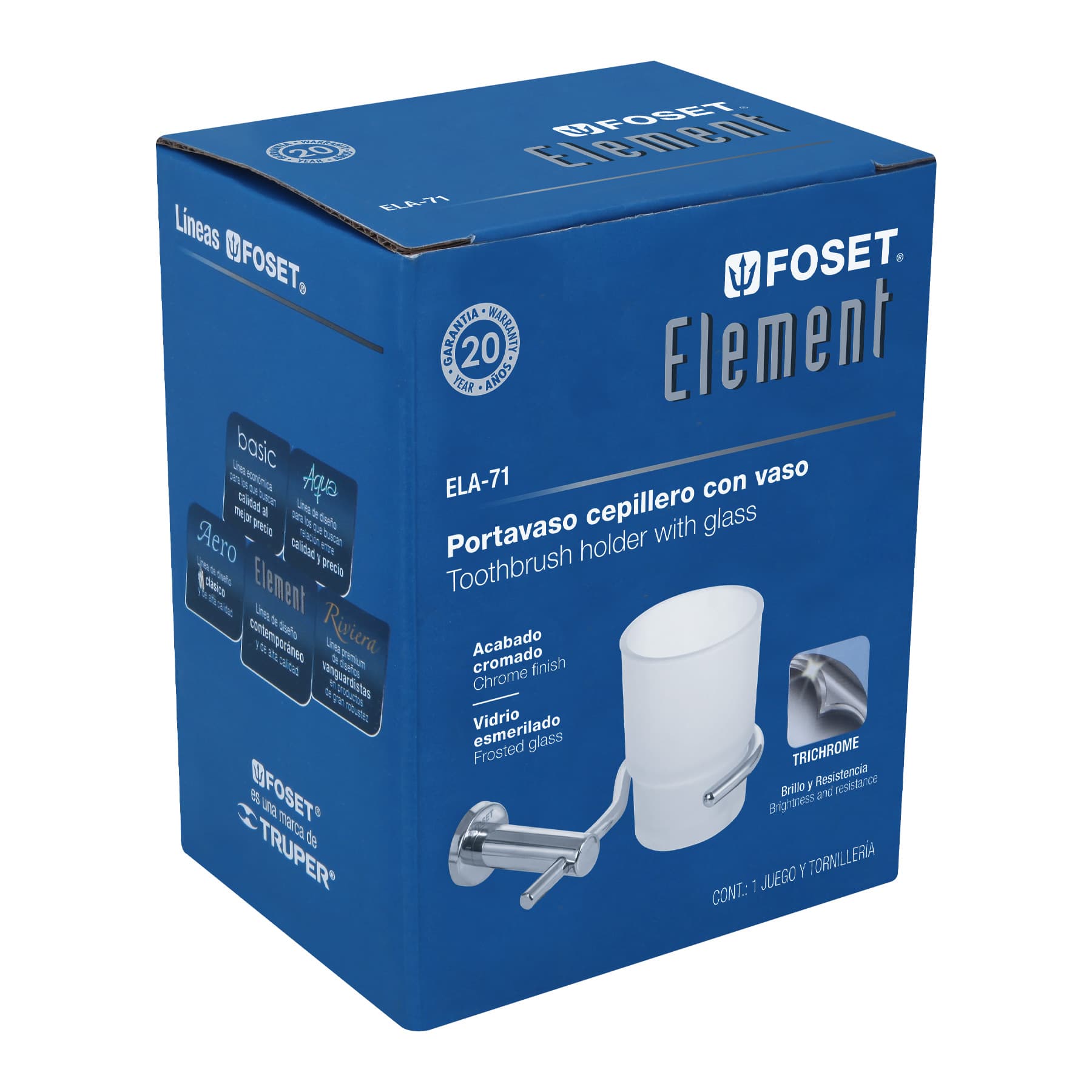 Portavaso cepillero cromo con vaso de vidrio, Foset Element