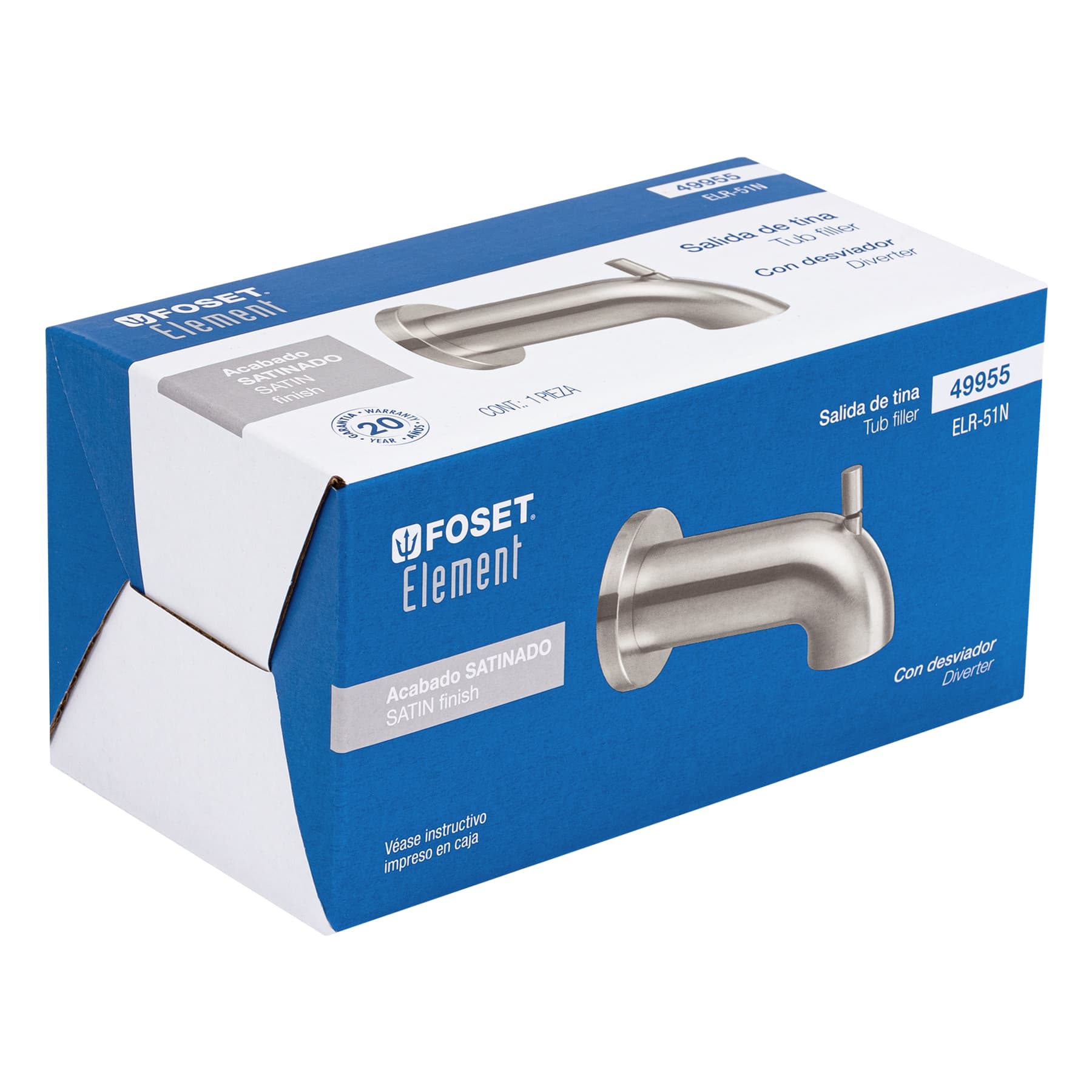 Salida de tina con desviador, satín, Foset ELEMENT