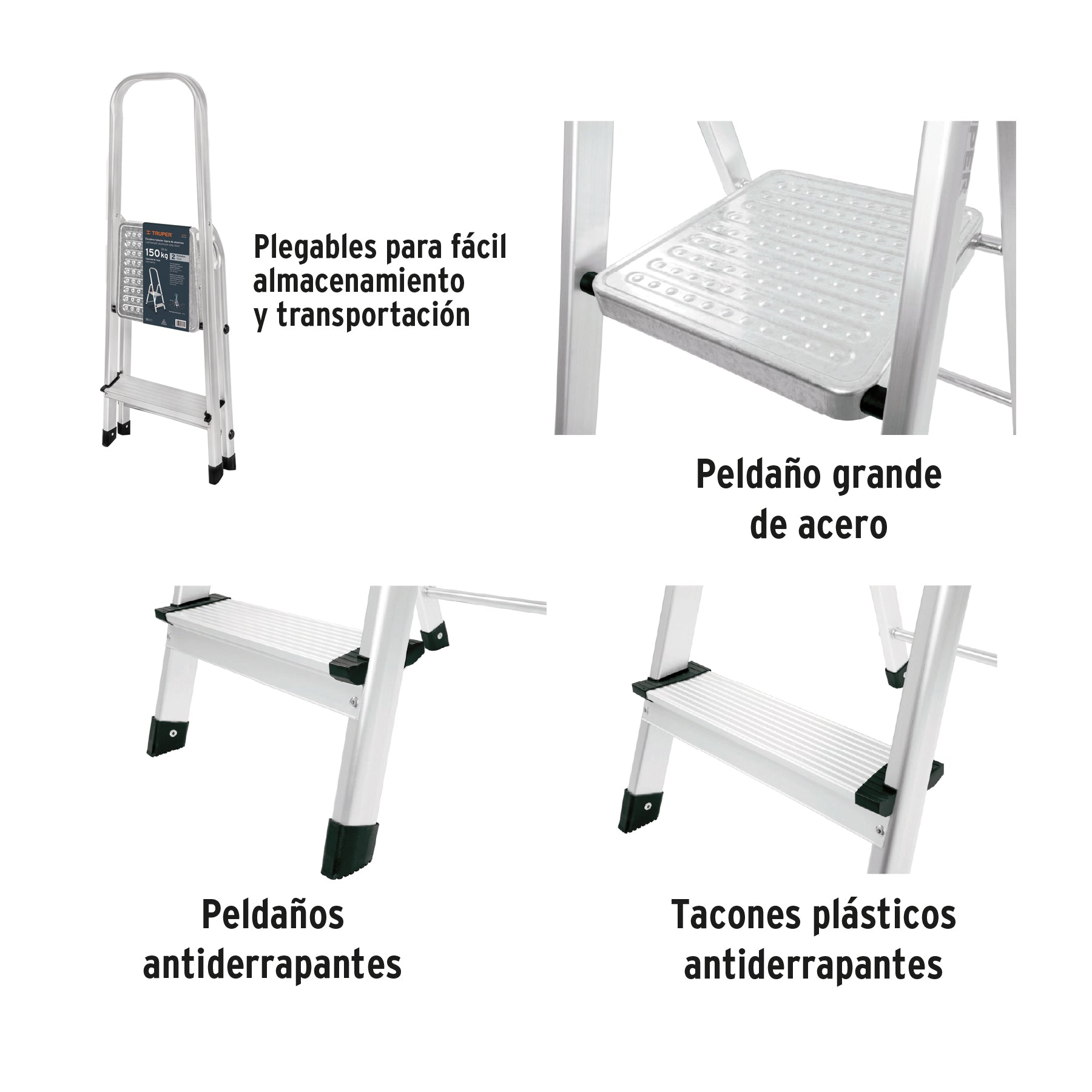 Escalera tubular plegable, 2 peldaños, aluminio, Truper