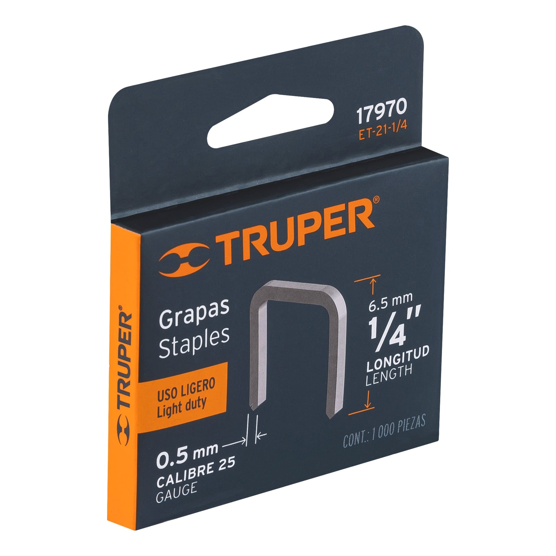 Caja con 1000 grapas 1/4" corona 11.3 mm para ET-21, Truper