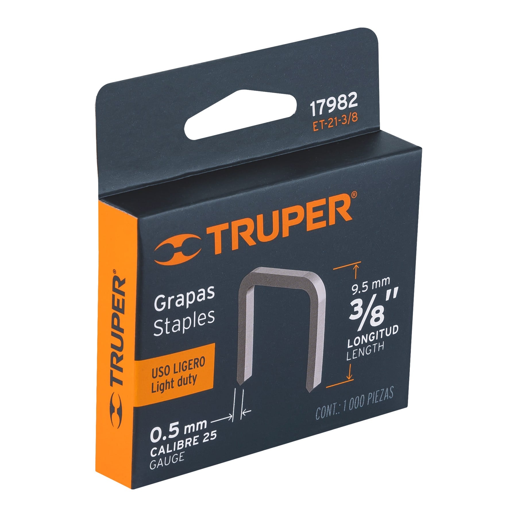 Caja con 1000 grapas 3/8"corona 11.3 mm para ET-21, Truper