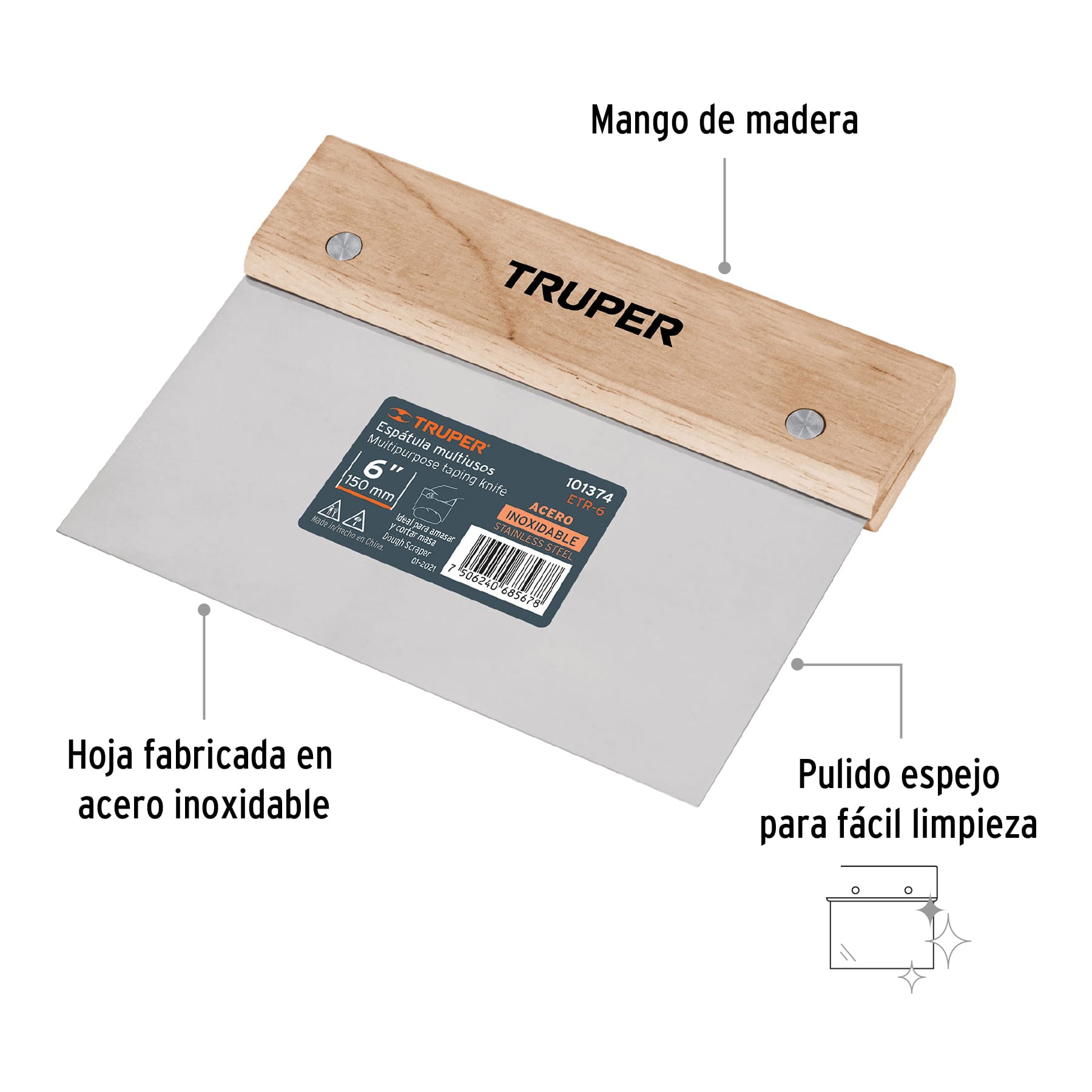 Espátula rectangular 6" x 3" acero inoxidable, mango madera