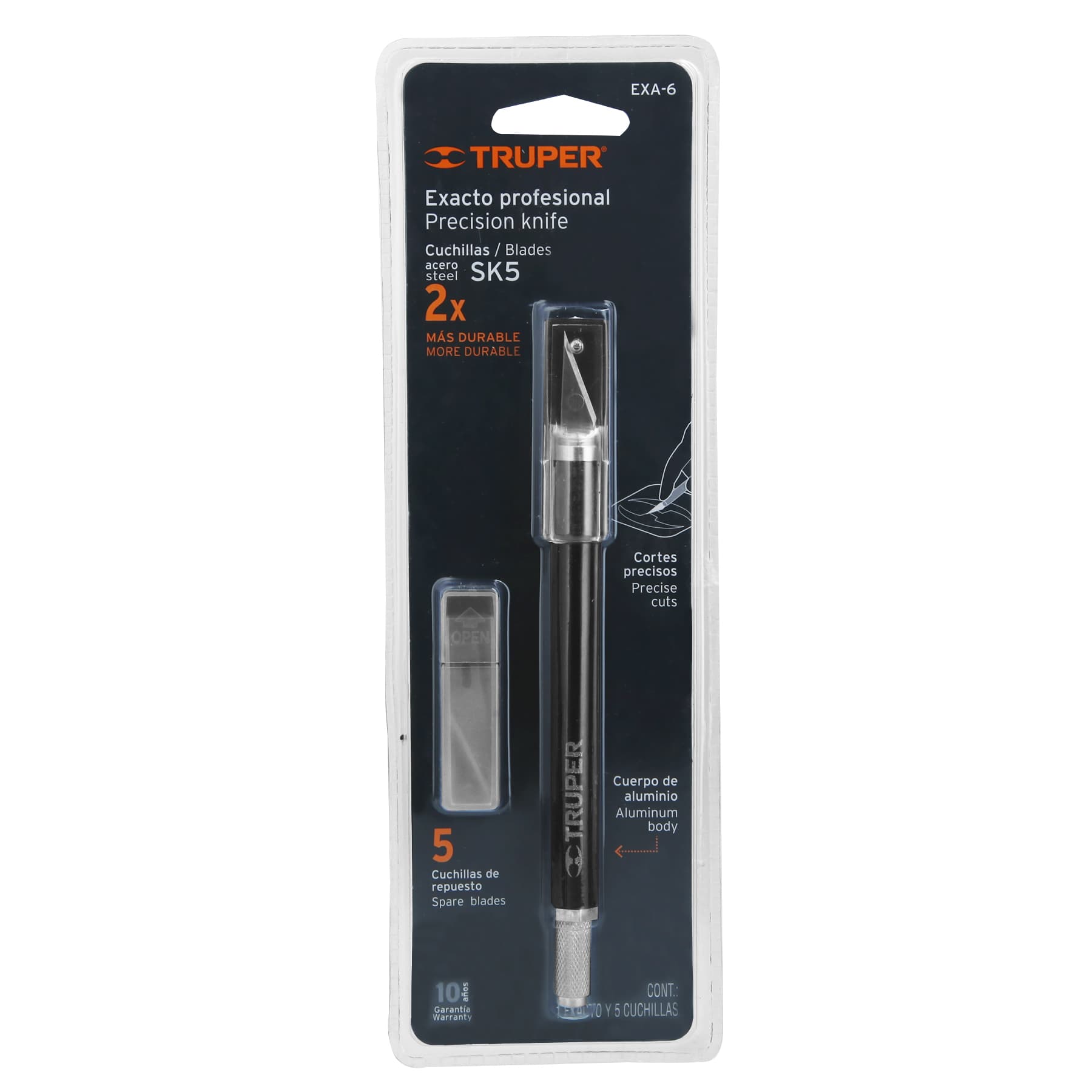 Exacto 6" profesional con 5 cuchillas de acero SK2, Truper