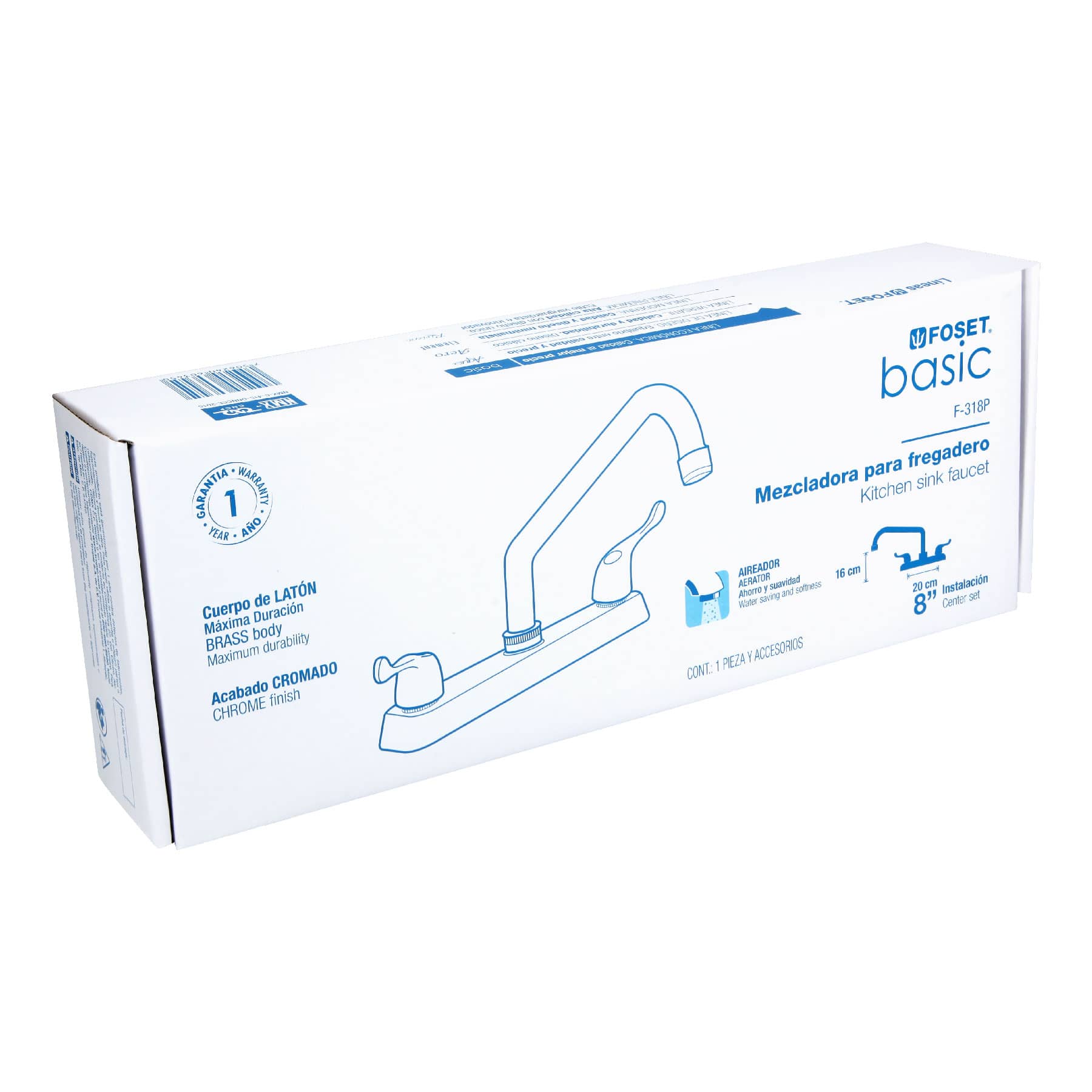 Mezcladora 8" fregadero cromo, cuello largo, palanca, BASIC