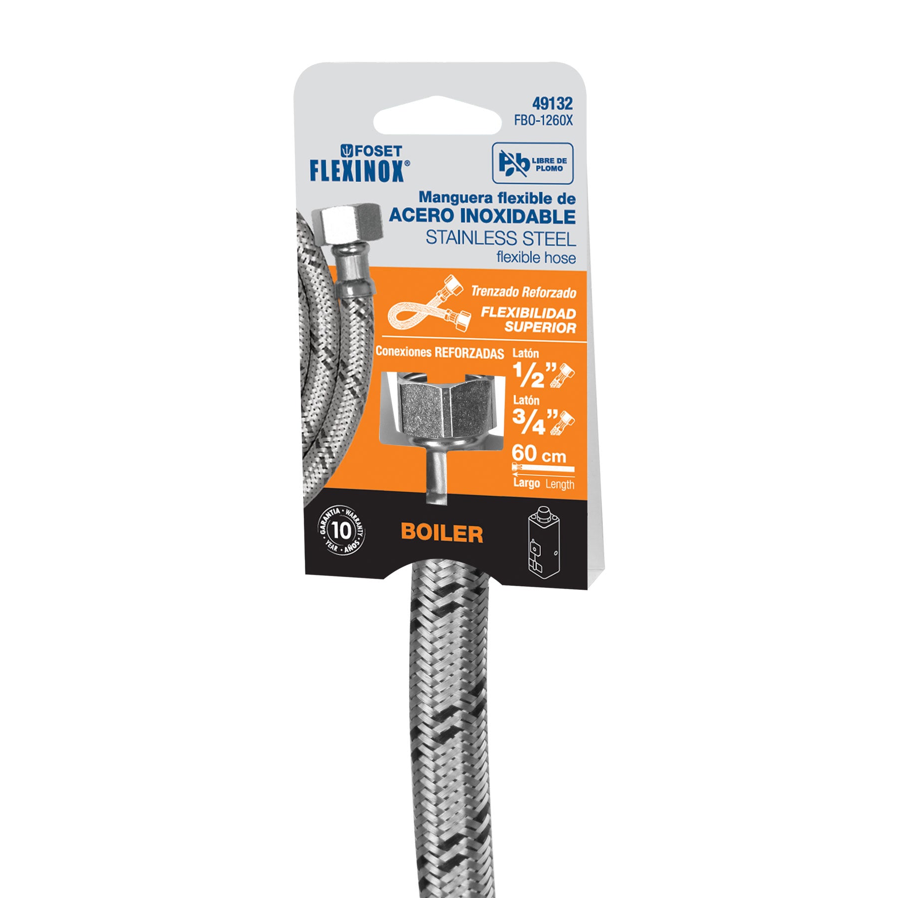 Manguera para boiler, acero inoxidable 1/2"x3/4", 60 cm, Foset