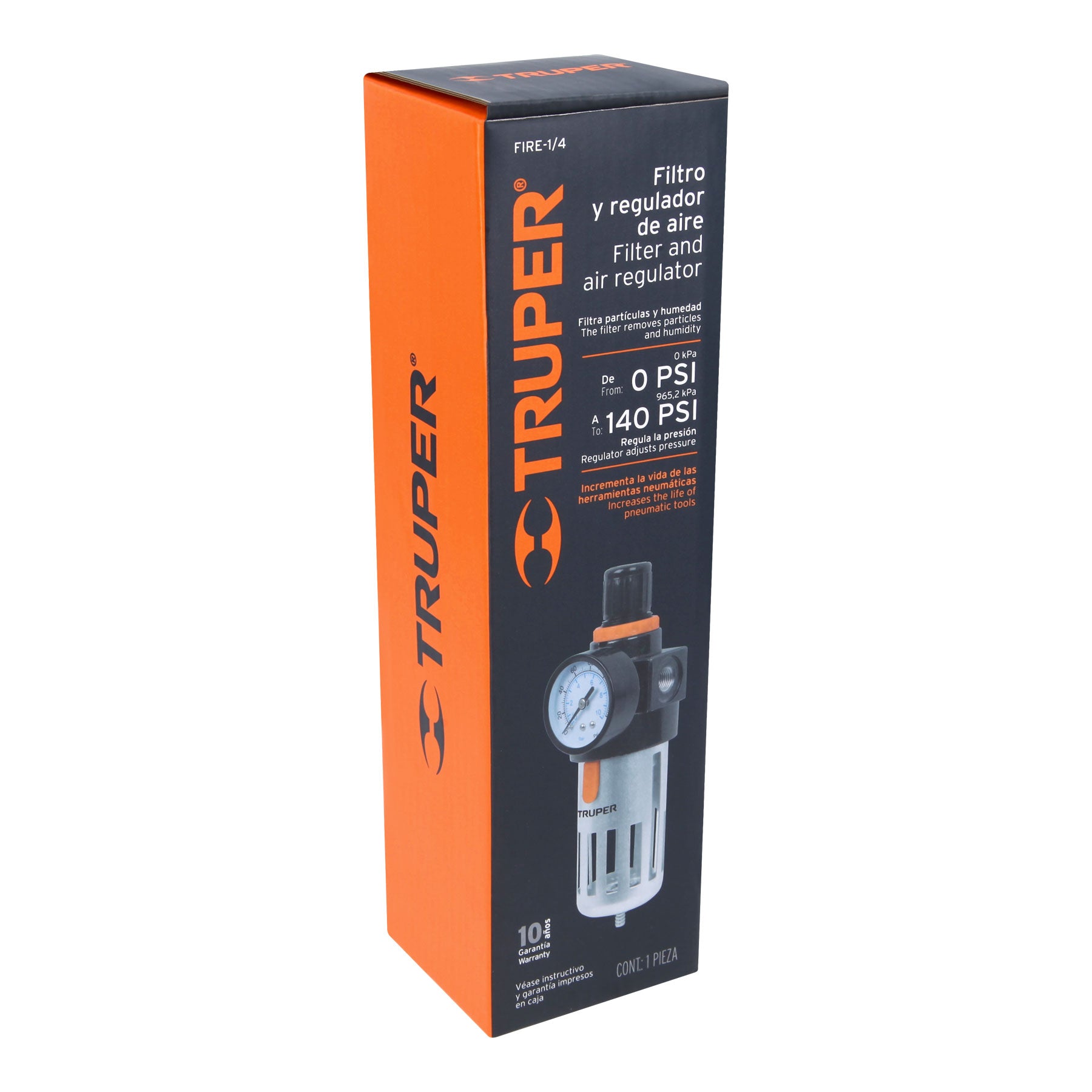 Filtro y regulador, presión de aire, cuerda 1/4" NPT, Truper