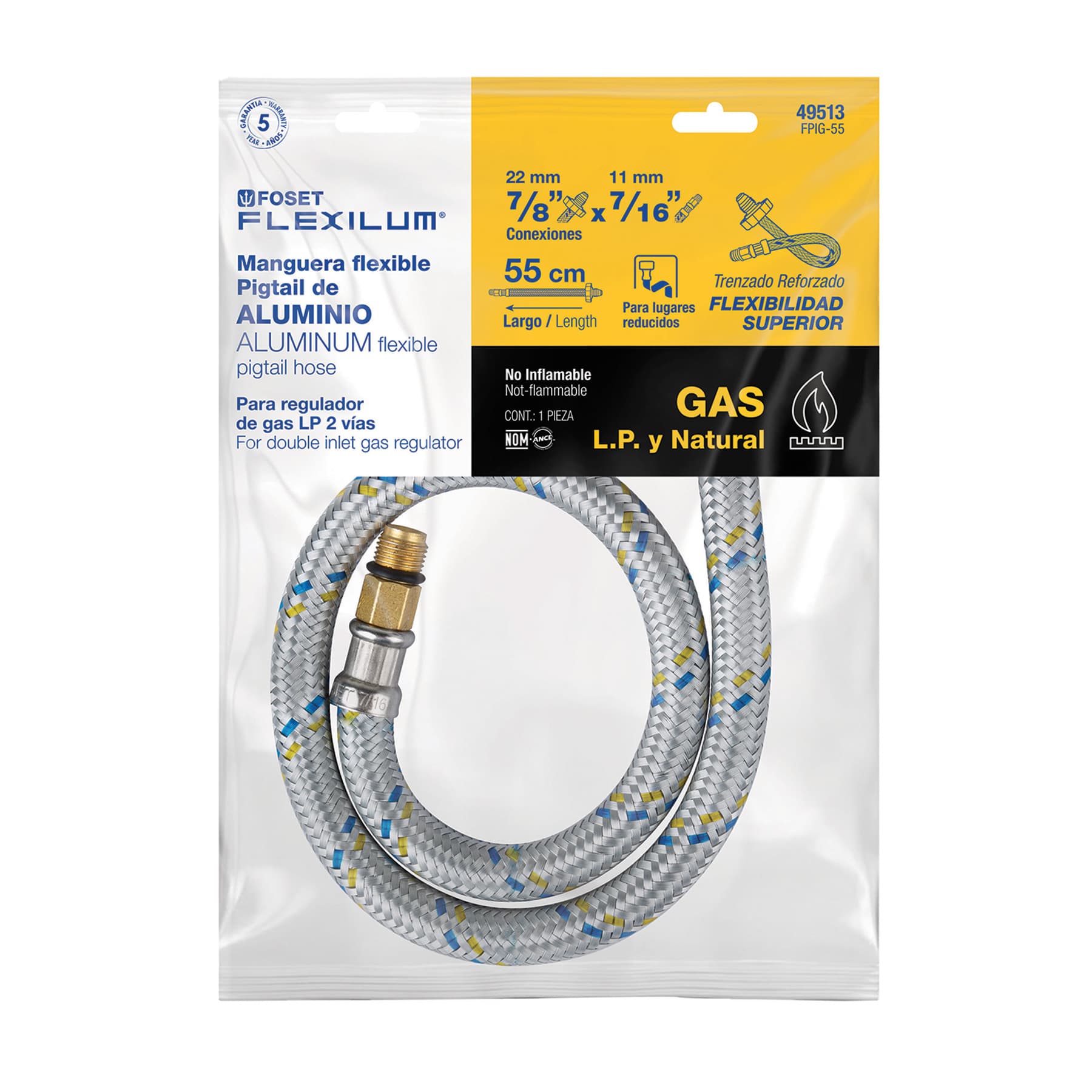 Manguera pigtail, aluminio, 7/16" x 7/8", 55 cm, Foset