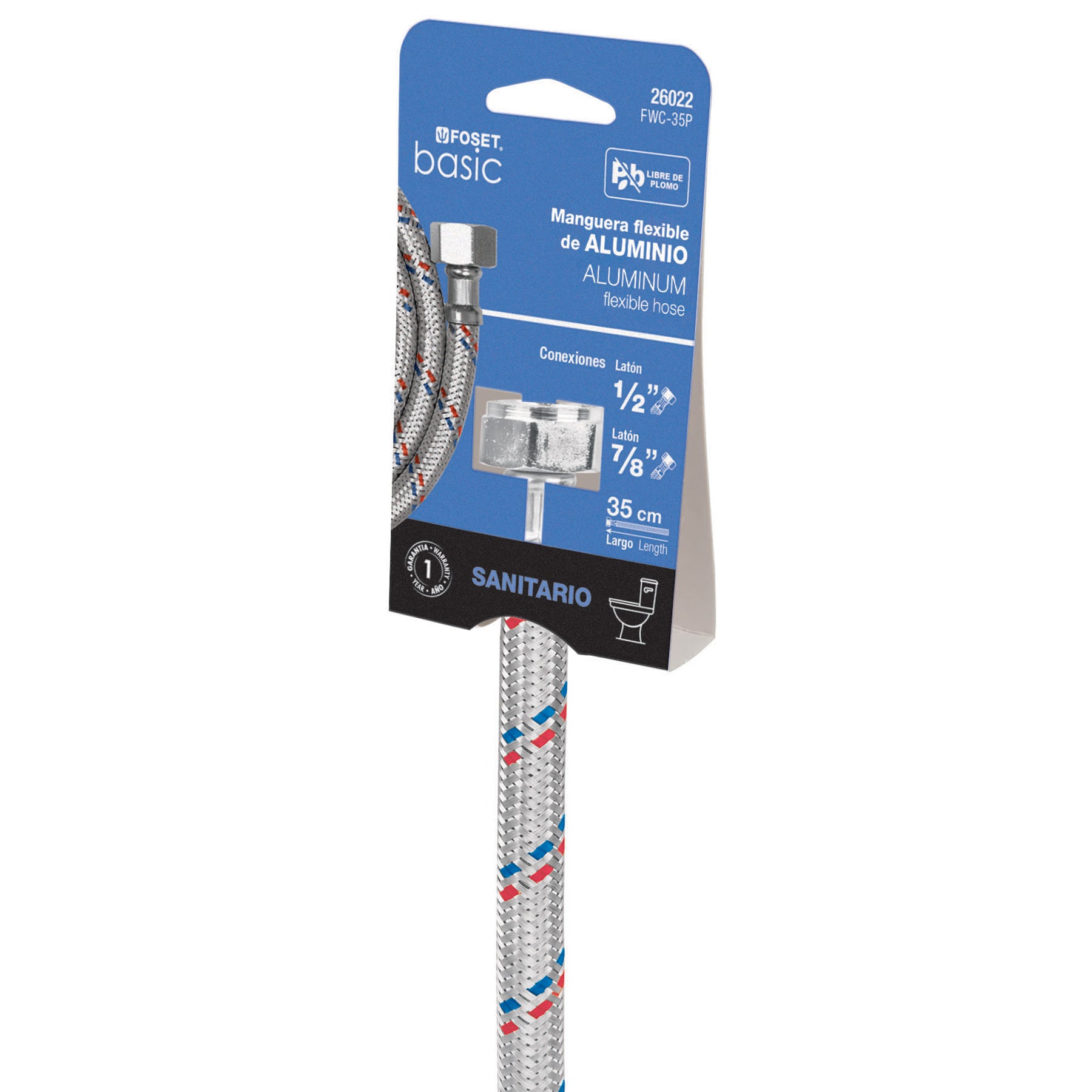 Manguera para WC, aluminio, 1/2" x 7/8", 35 cm, Basic