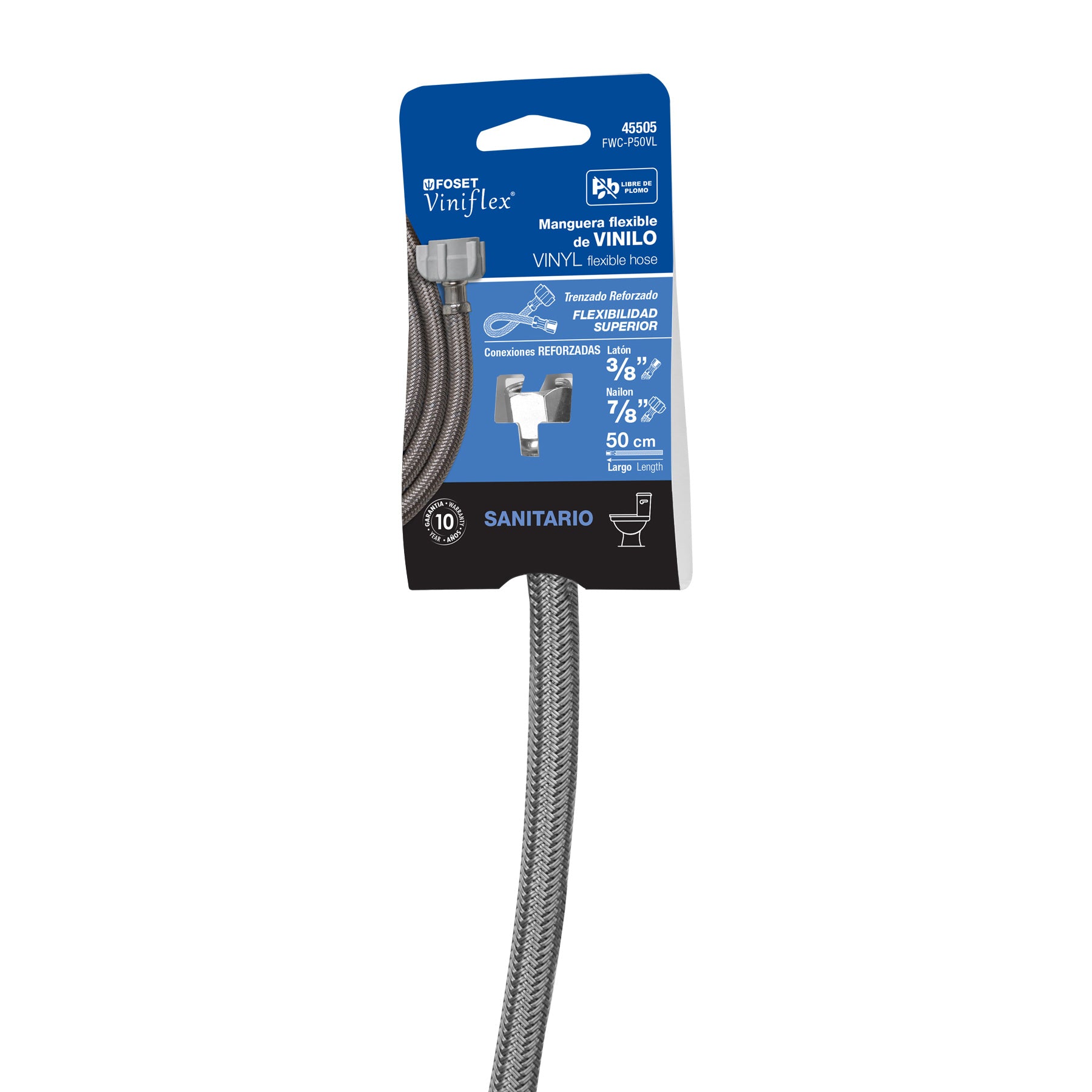 Manguera para WC, vinilo gris, 3/8"x7/8" , 50cm, plástico/latón