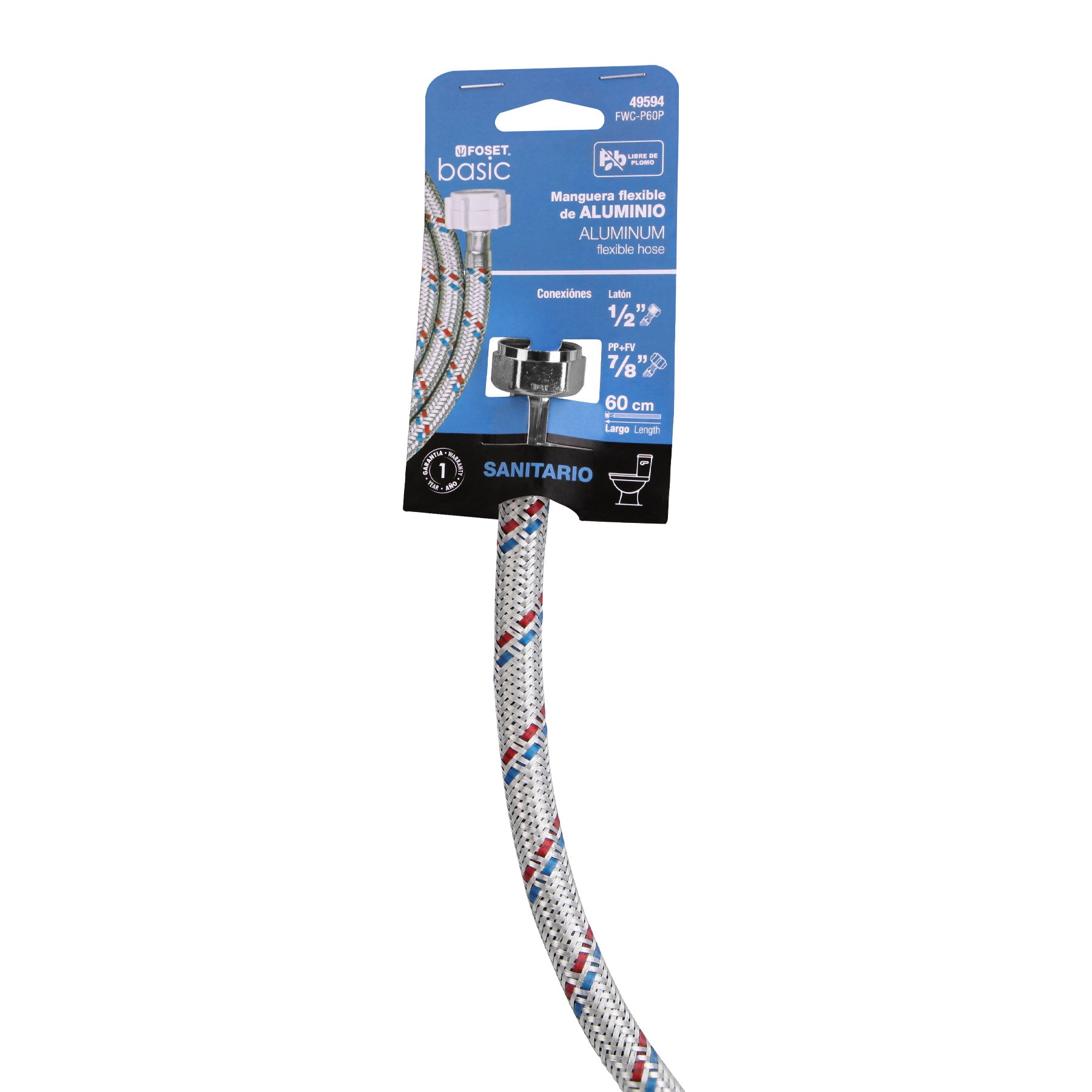Manguera para WC, aluminio, 1/2"x7/8", 60cm, plást/metal, Basic