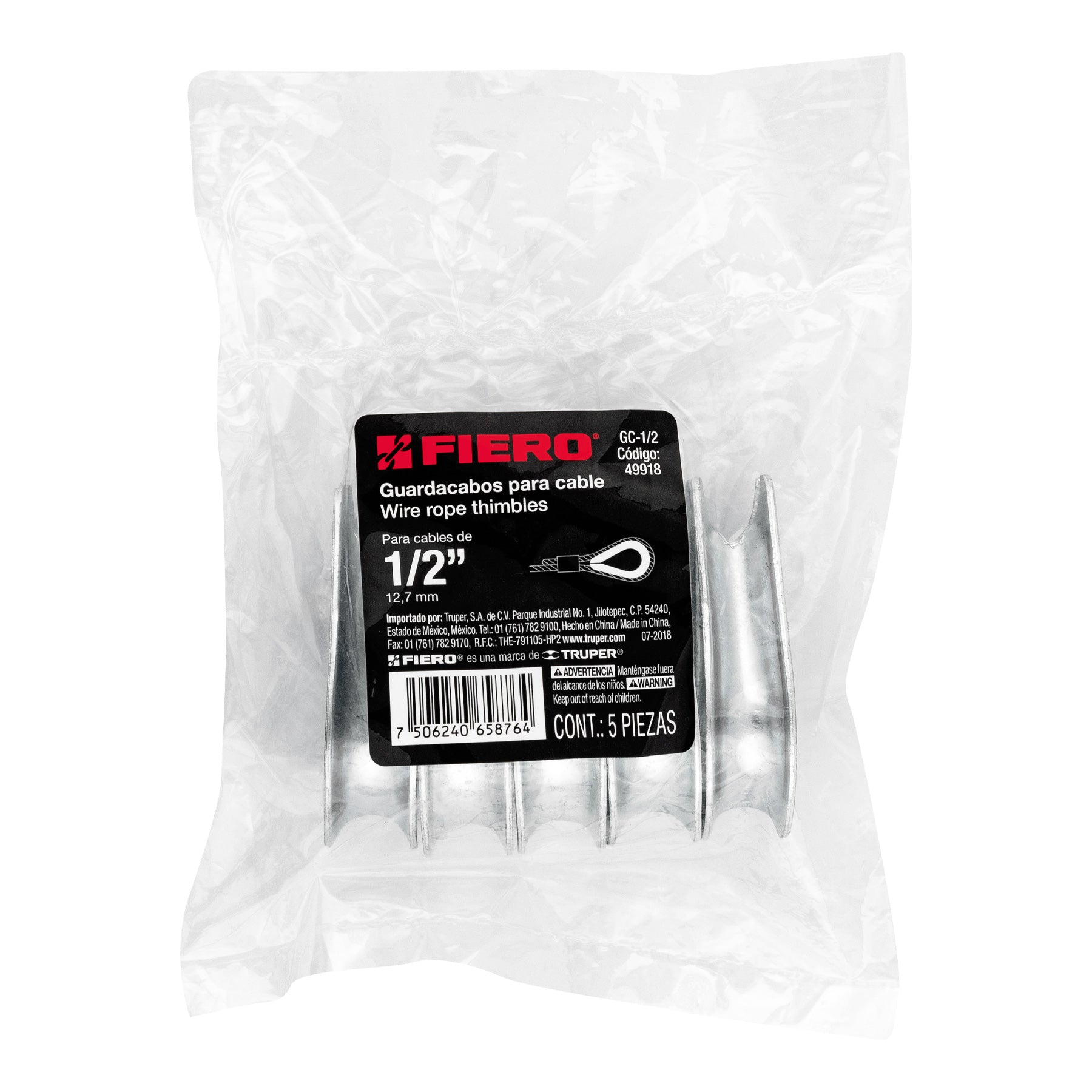 Bolsa con 5 guardacabos para cable de acero de 1/2", Fiero