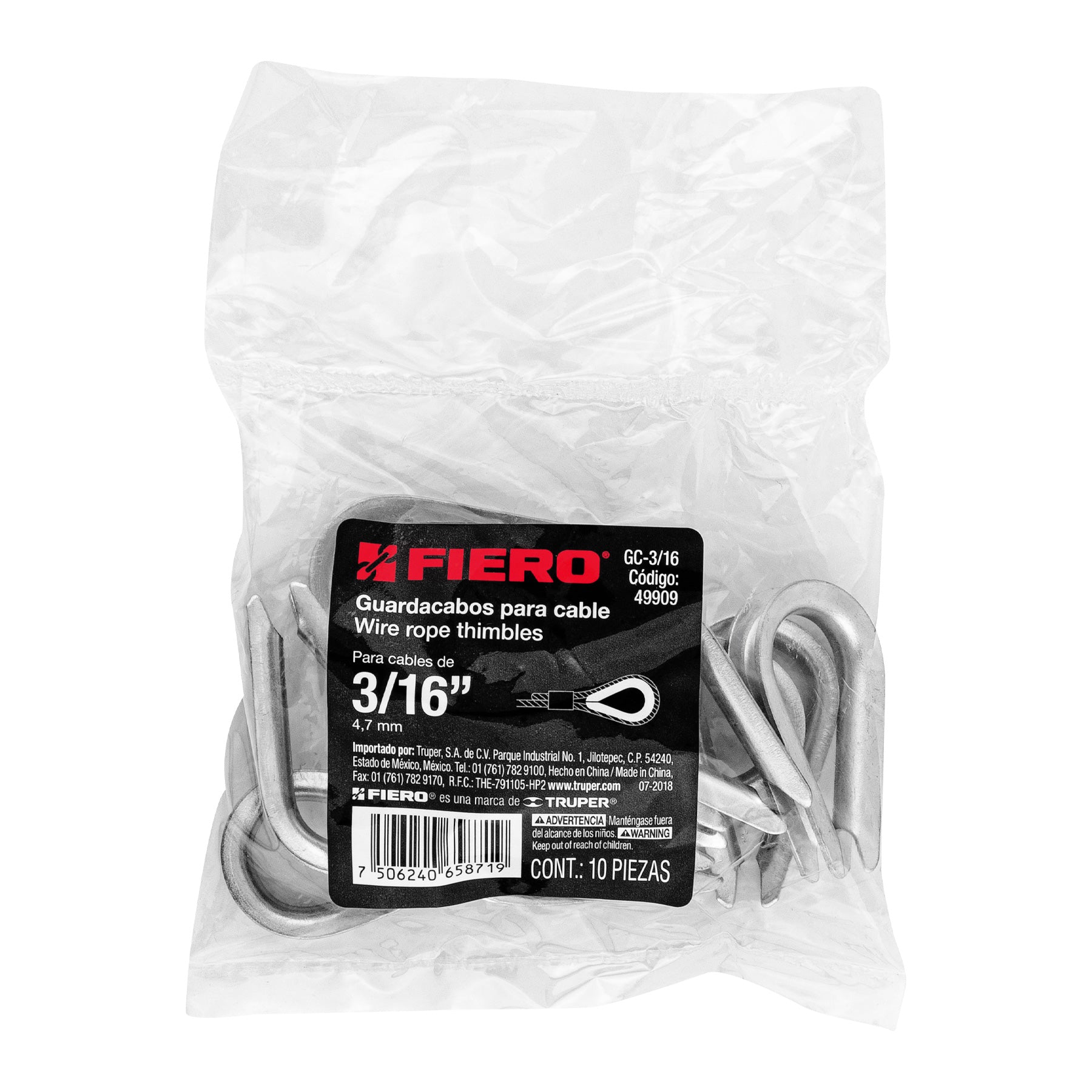 Bolsa con 10 guardacabos para cable de acero de 3/16", Fiero