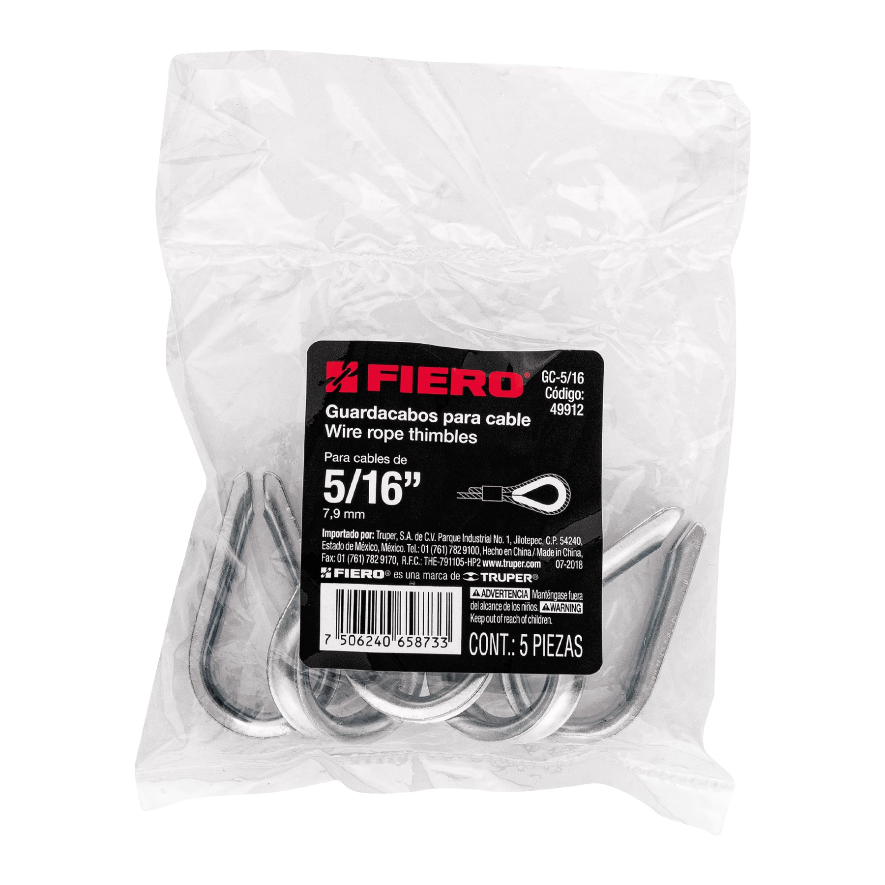 Bolsa con 5 guardacabos para cable de acero de 5/16", Fiero