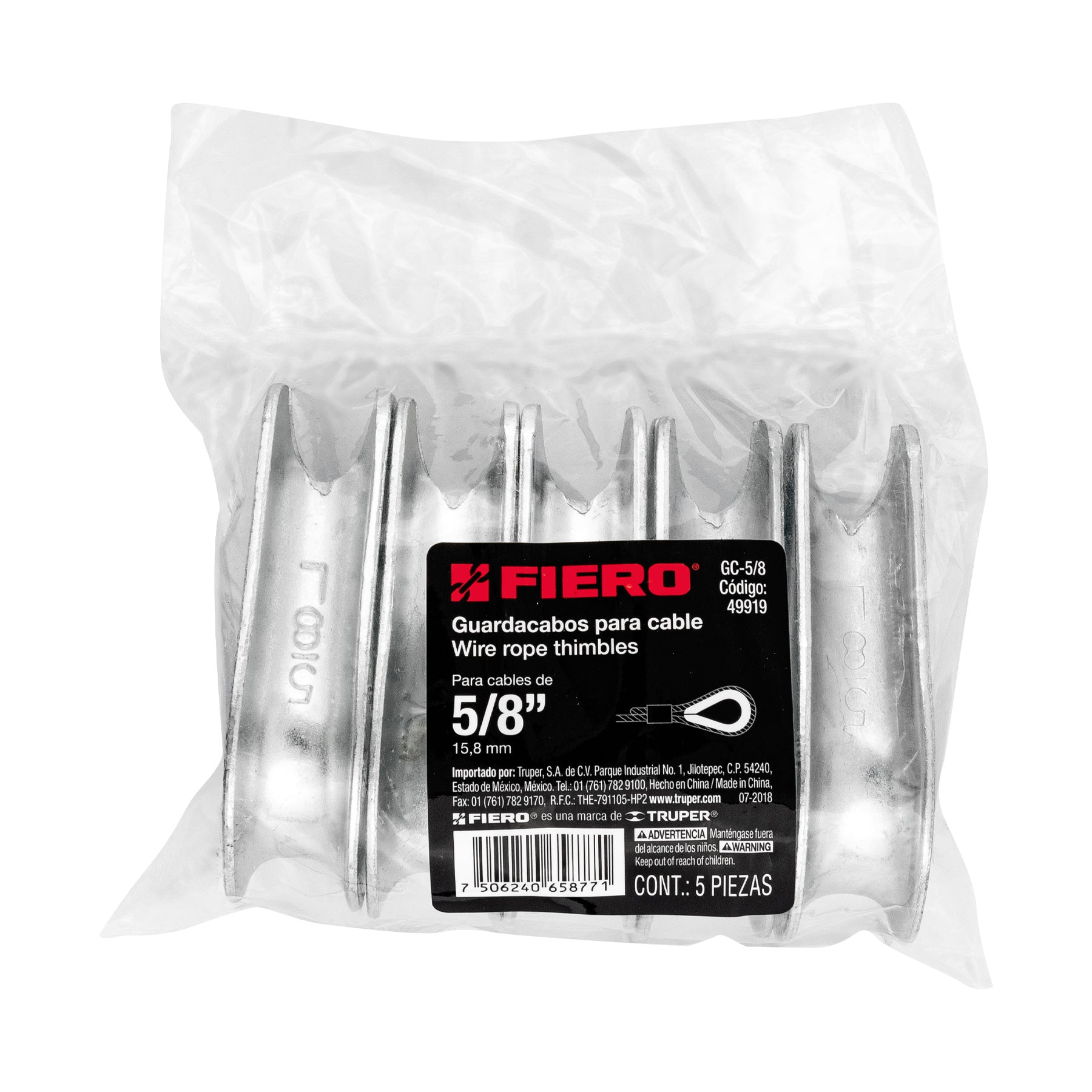 Bolsa con 5 guardacabos para cable de acero de 5/8", Fiero