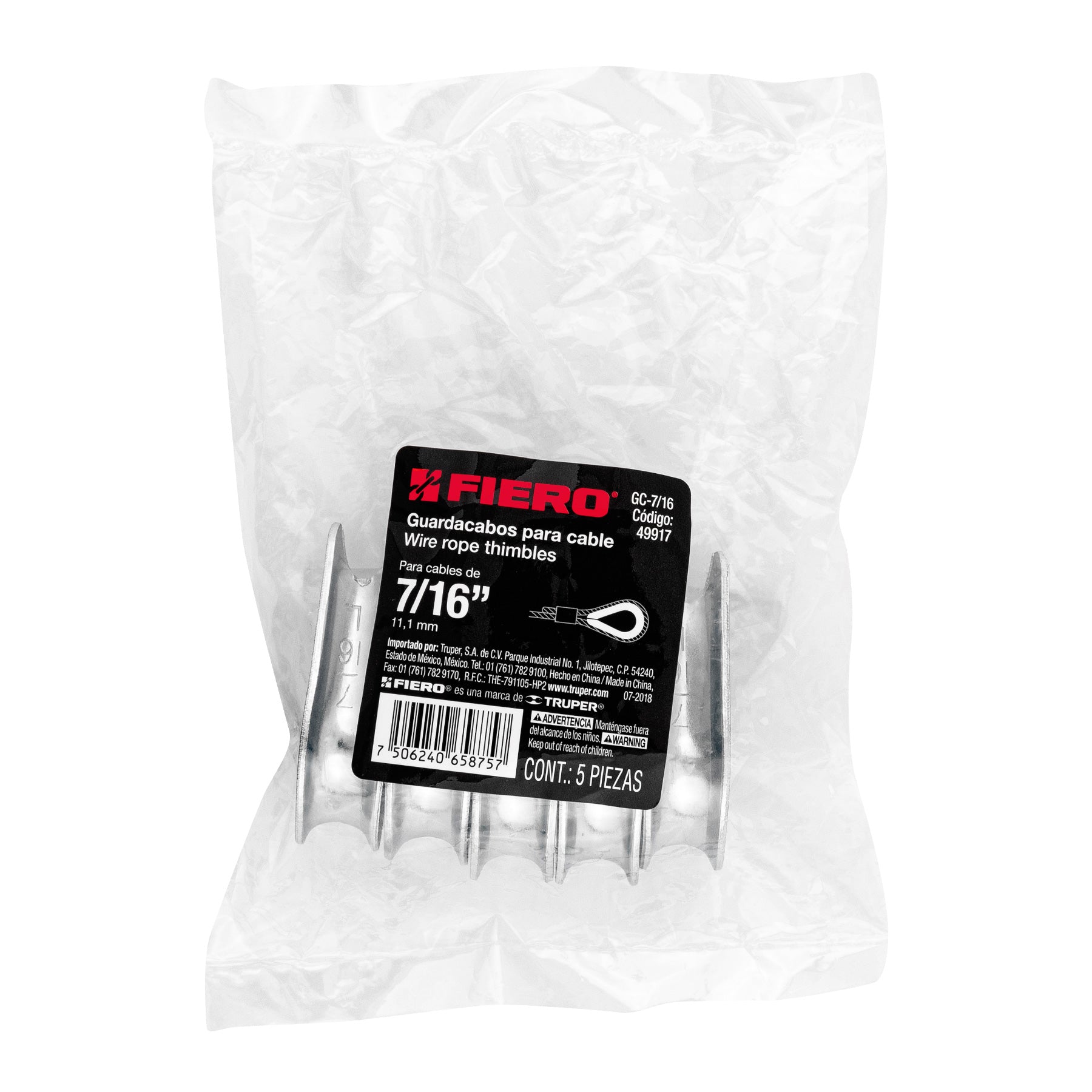 Bolsa con 5 guardacabos para cable de acero de 7/16", Fiero