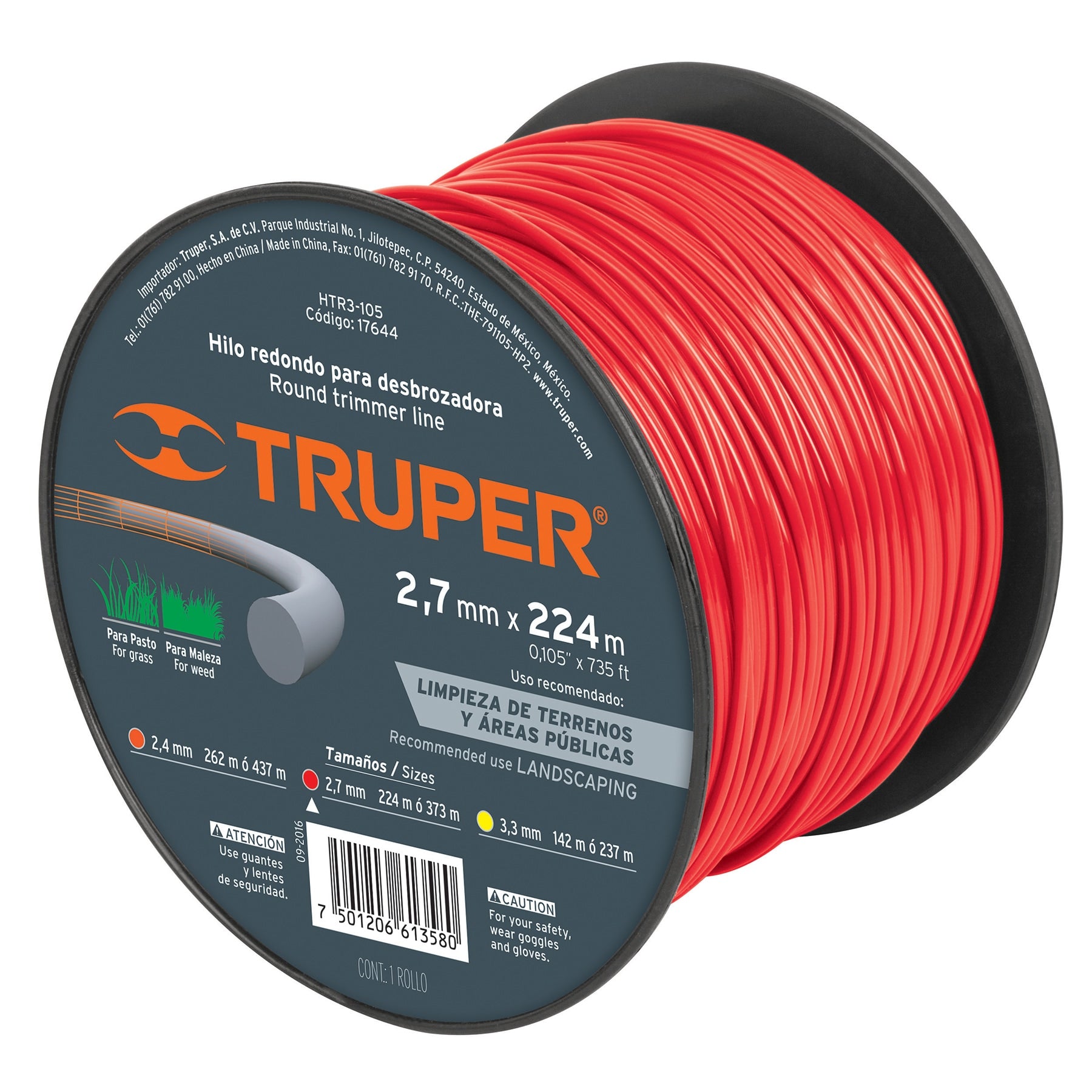 Hilo redondo, para desbrozadora, 2.7mm x 224m,carrete,Truper