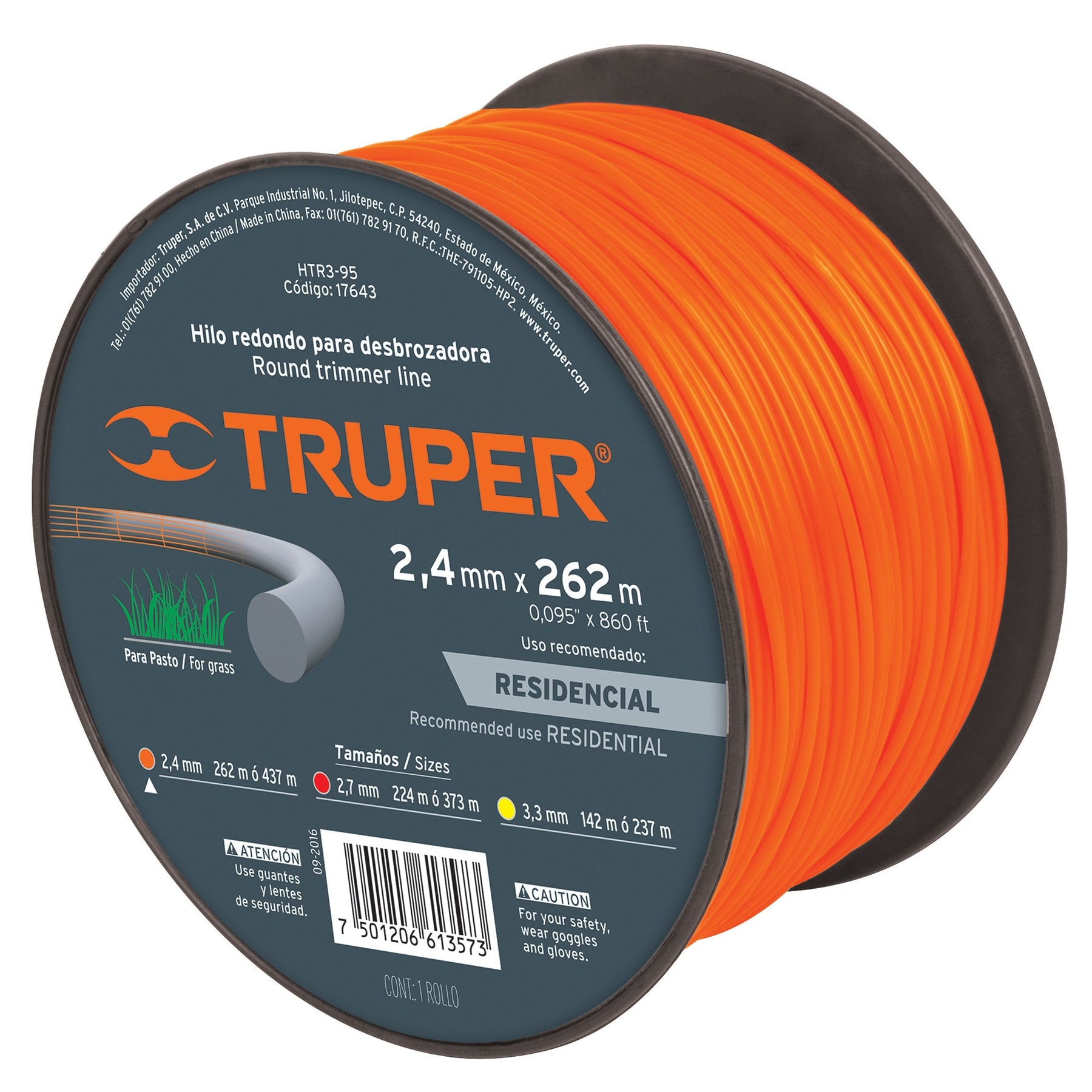 Hilo redondo, para desbrozadora, 2.4mm x 262m,carrete,Truper
