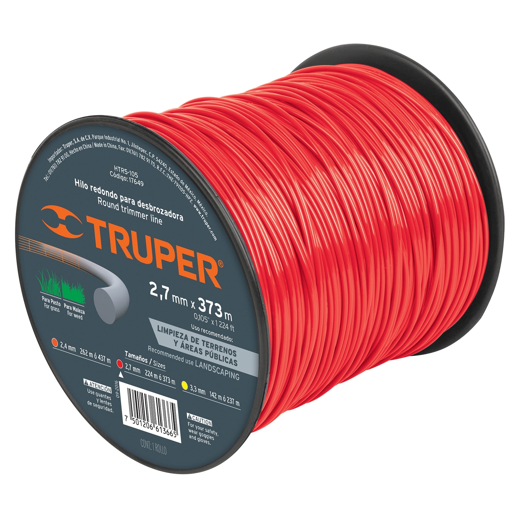 Hilo redondo, para desbrozadora 2.7mm x 373m, carrete Truper