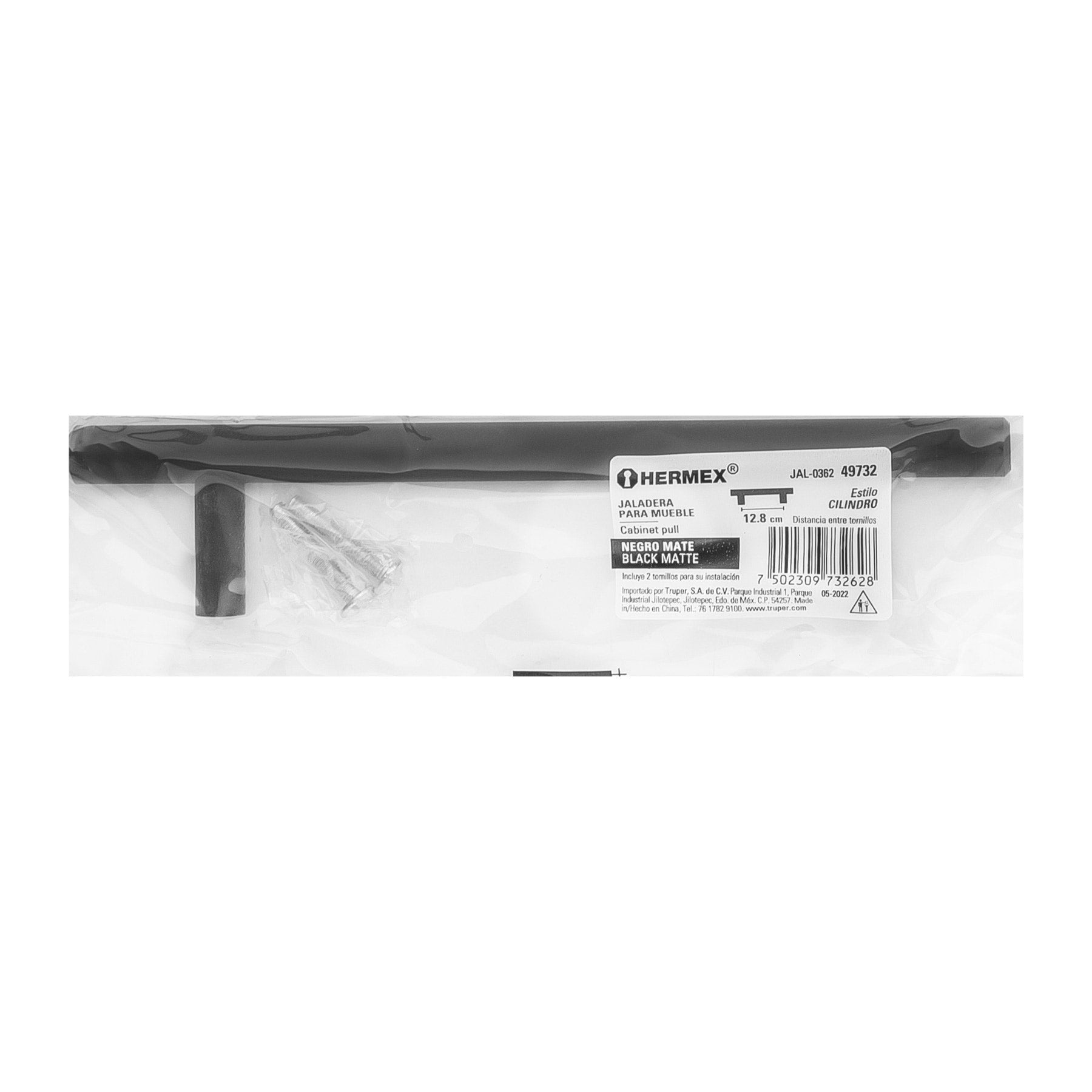 Jaladera de acero, 128mm, línea Cilindro, negro, Hermex