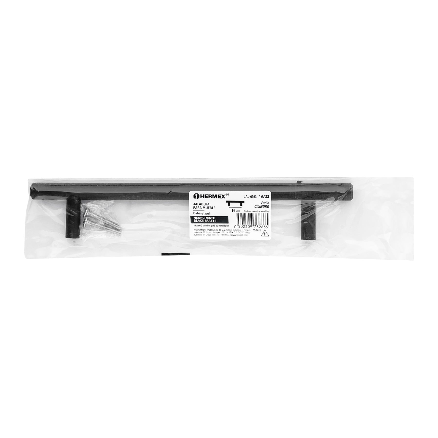 Jaladera de acero, 160mm, línea Cilindro, negro, Hermex