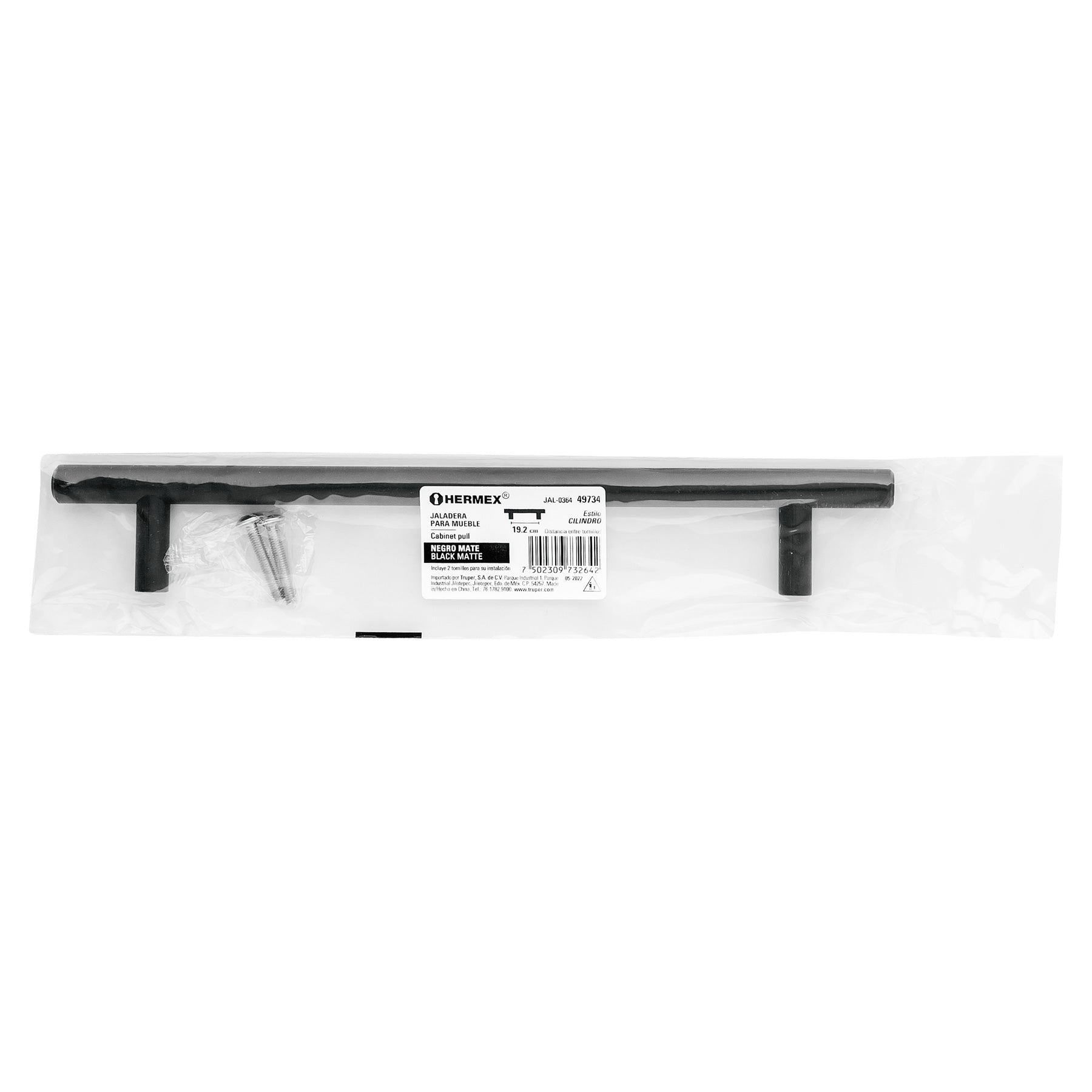 Jaladera de acero, 192mm, línea Cilindro, negro, Hermex