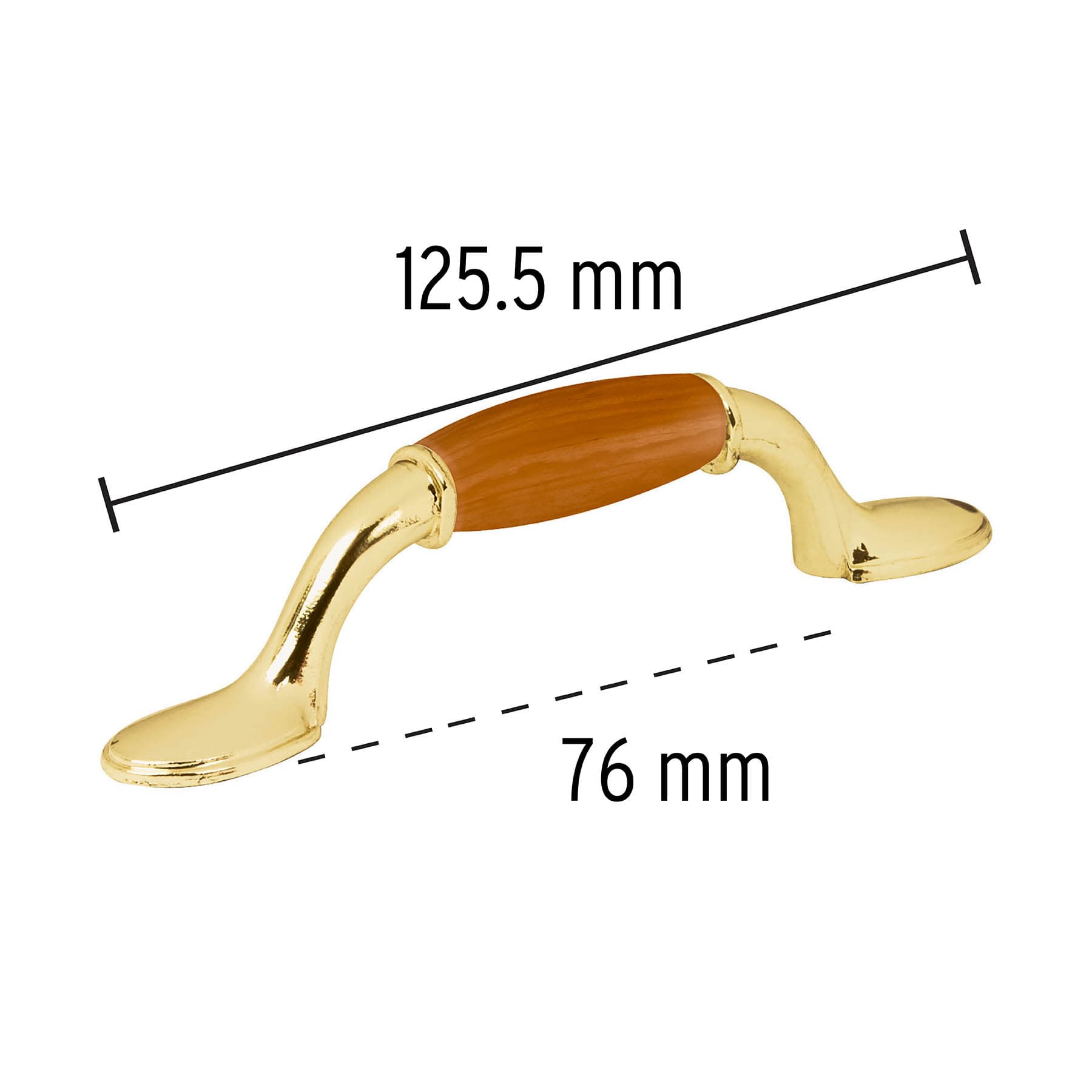 Jaladera metálica, 76mm latón brillante, inserto tipo madera