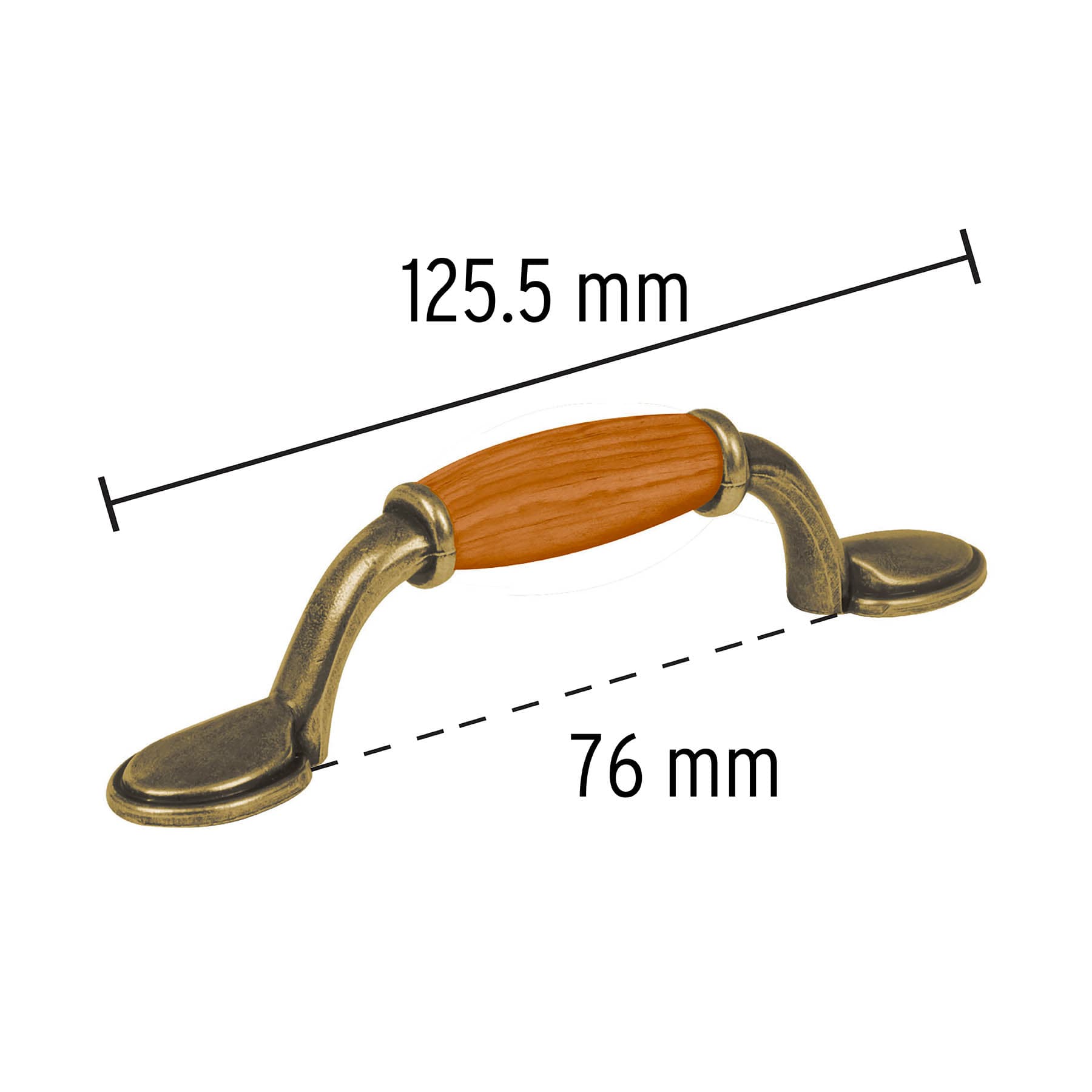 Jaladera metálica de 76mm latón antiguo, inserto tipo madera