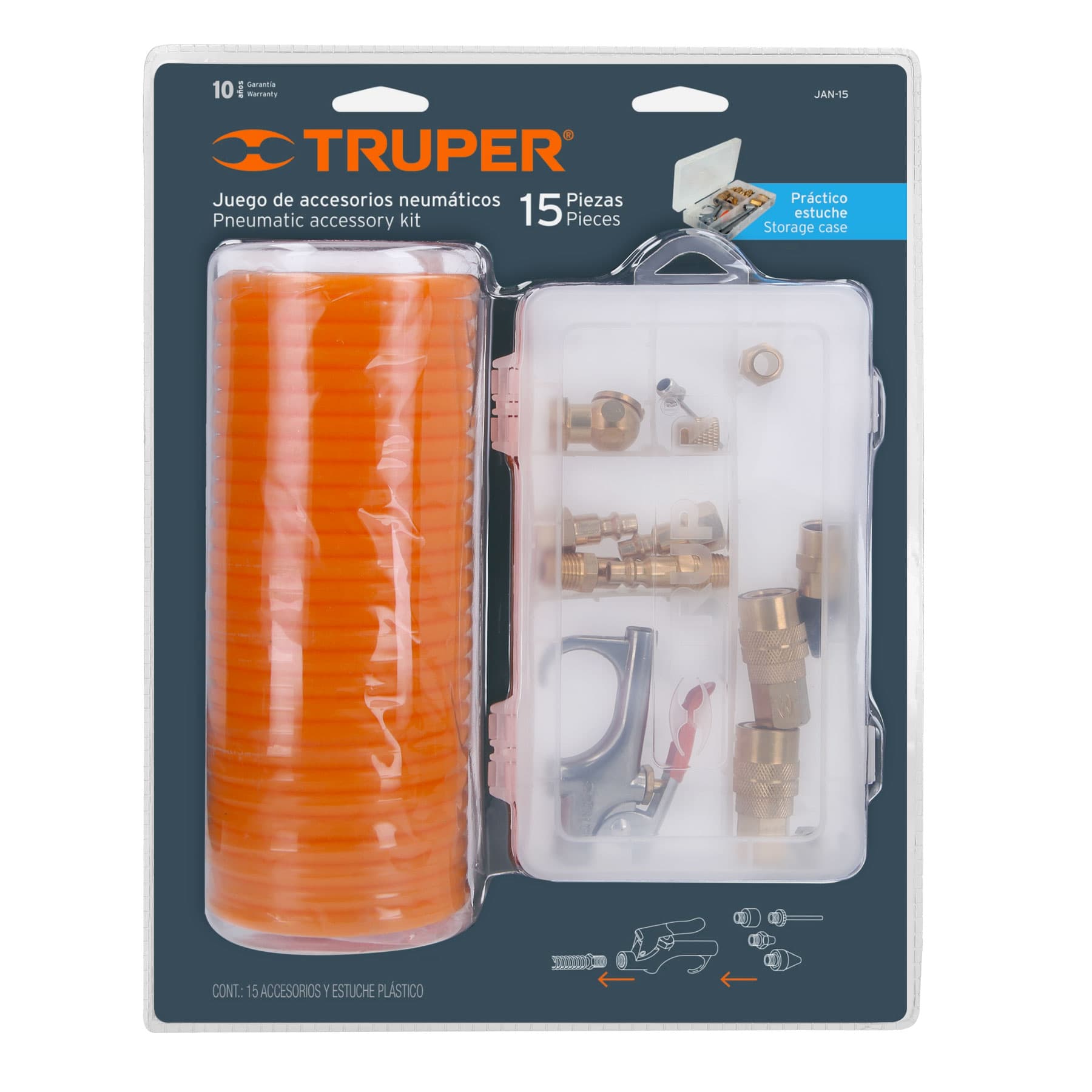 Juego de 15 accesorios neumáticos, cuerda 1/4" NPT, Truper