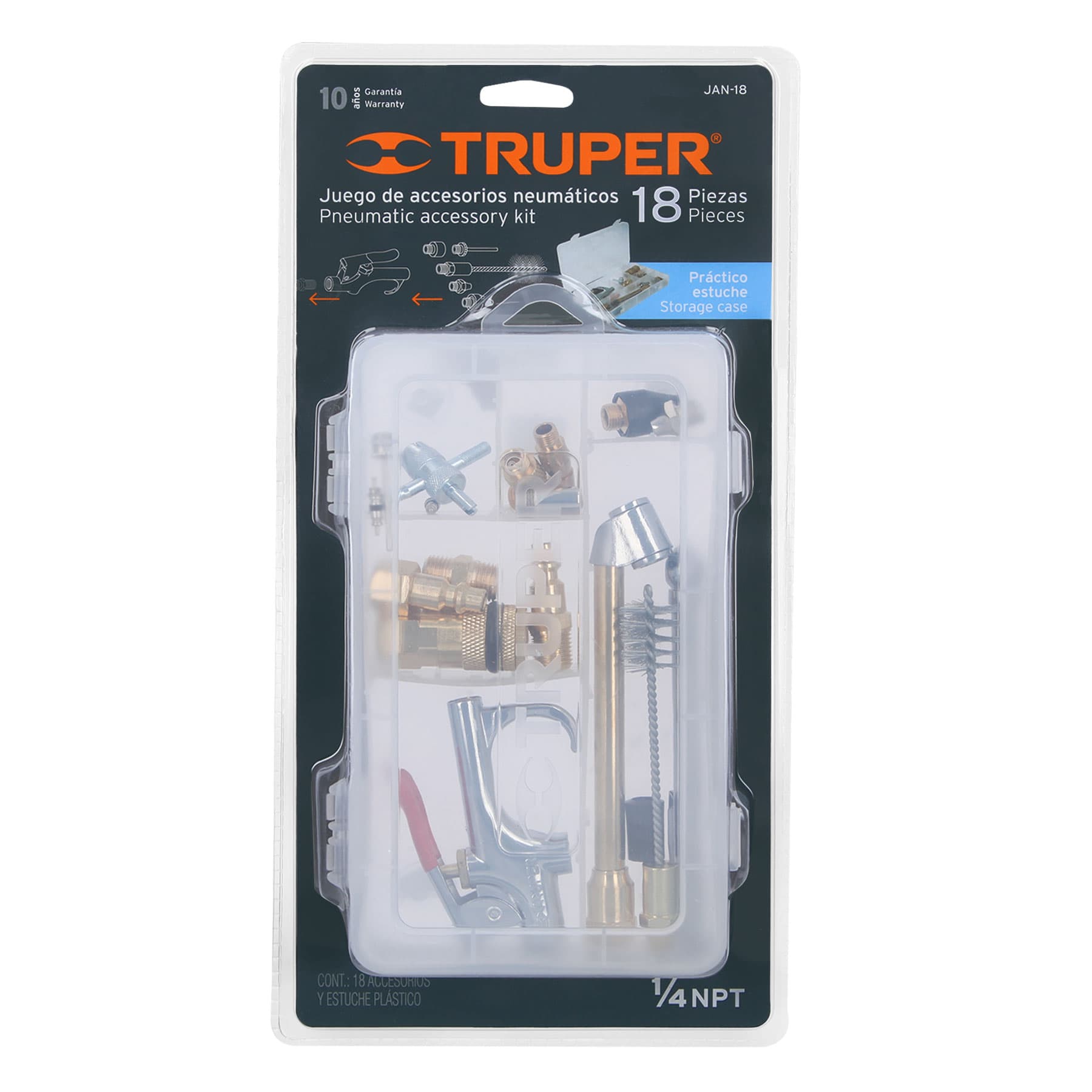 Juego de 18 accesorios neumáticos, cuerda 1/4" NPT, Truper