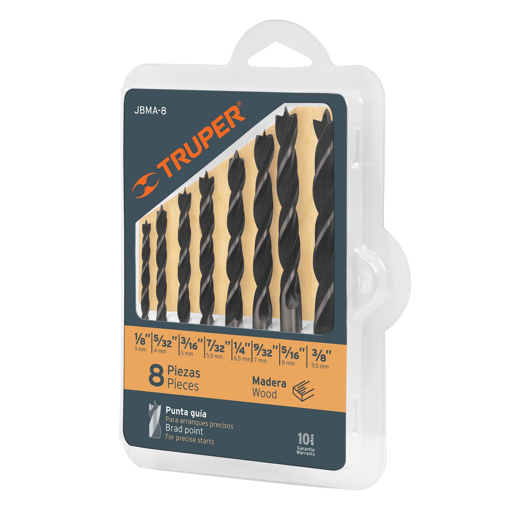 Juego de 8 brocas con punta centradora para madera, Truper