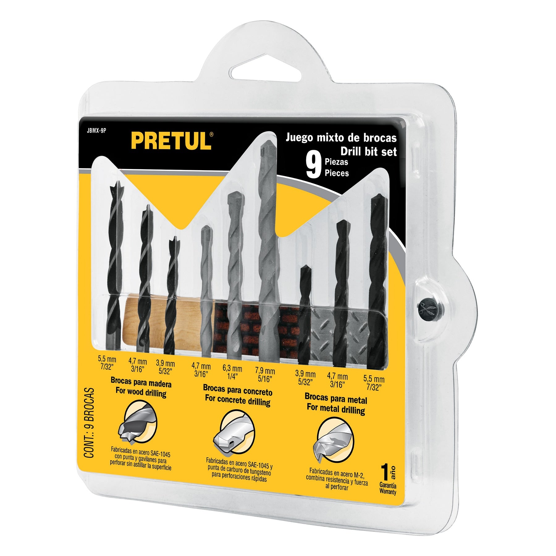 Juego de 9 brocas para metal, concreto y madera, Pretul