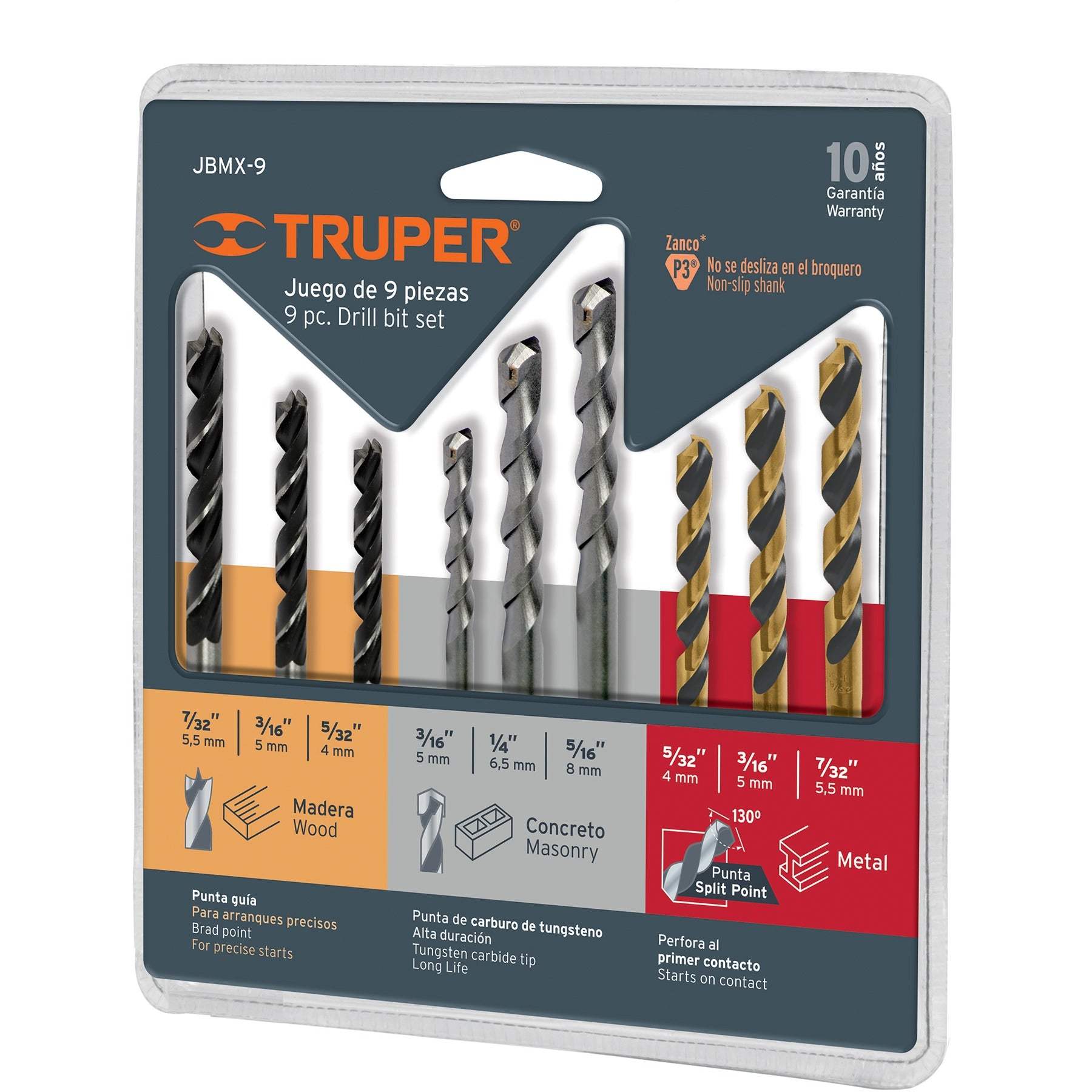 Juego de 9 brocas para metal, concreto y madera, Truper