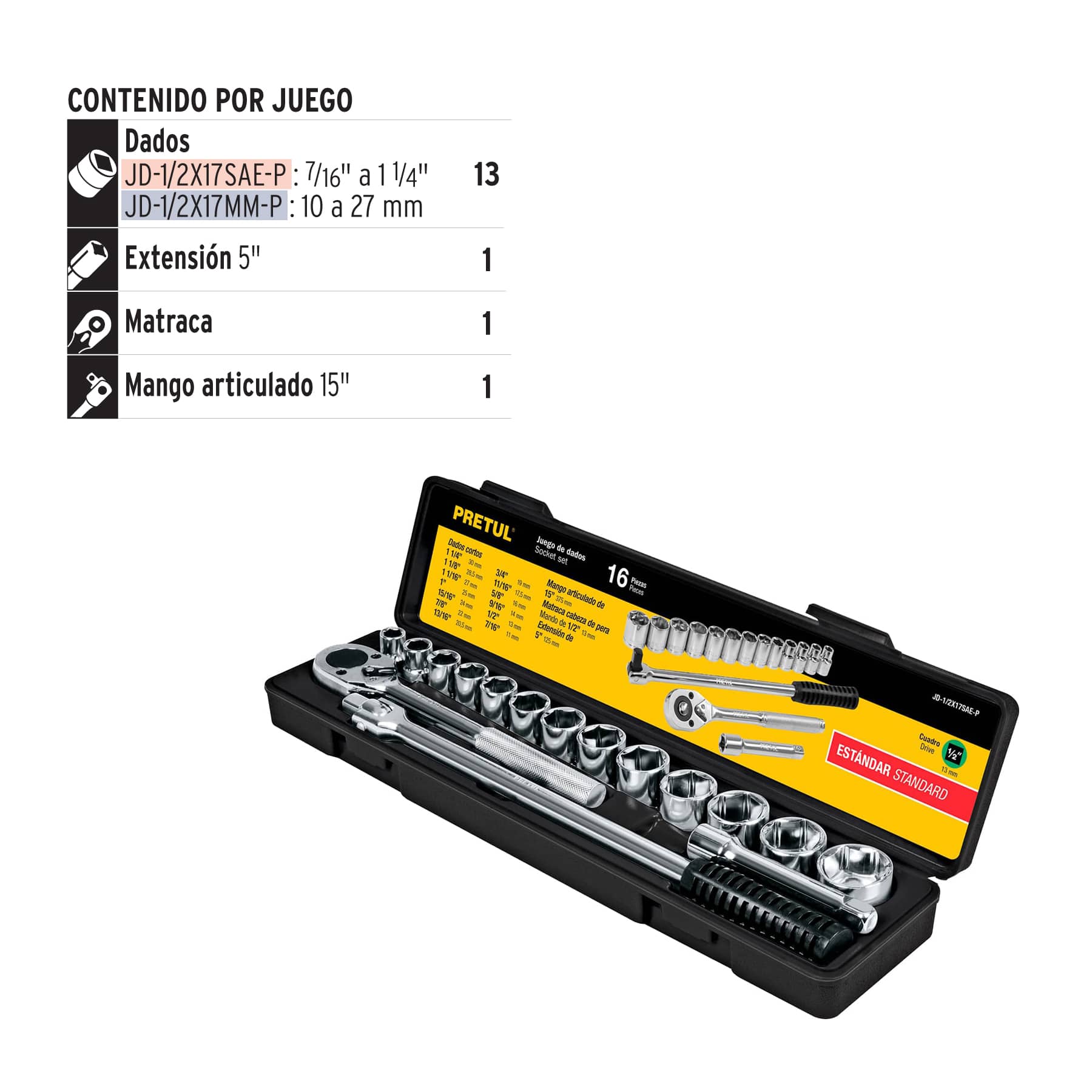 Juego de 16 herramientas 1/2" estándar para mecánico, Pretul
