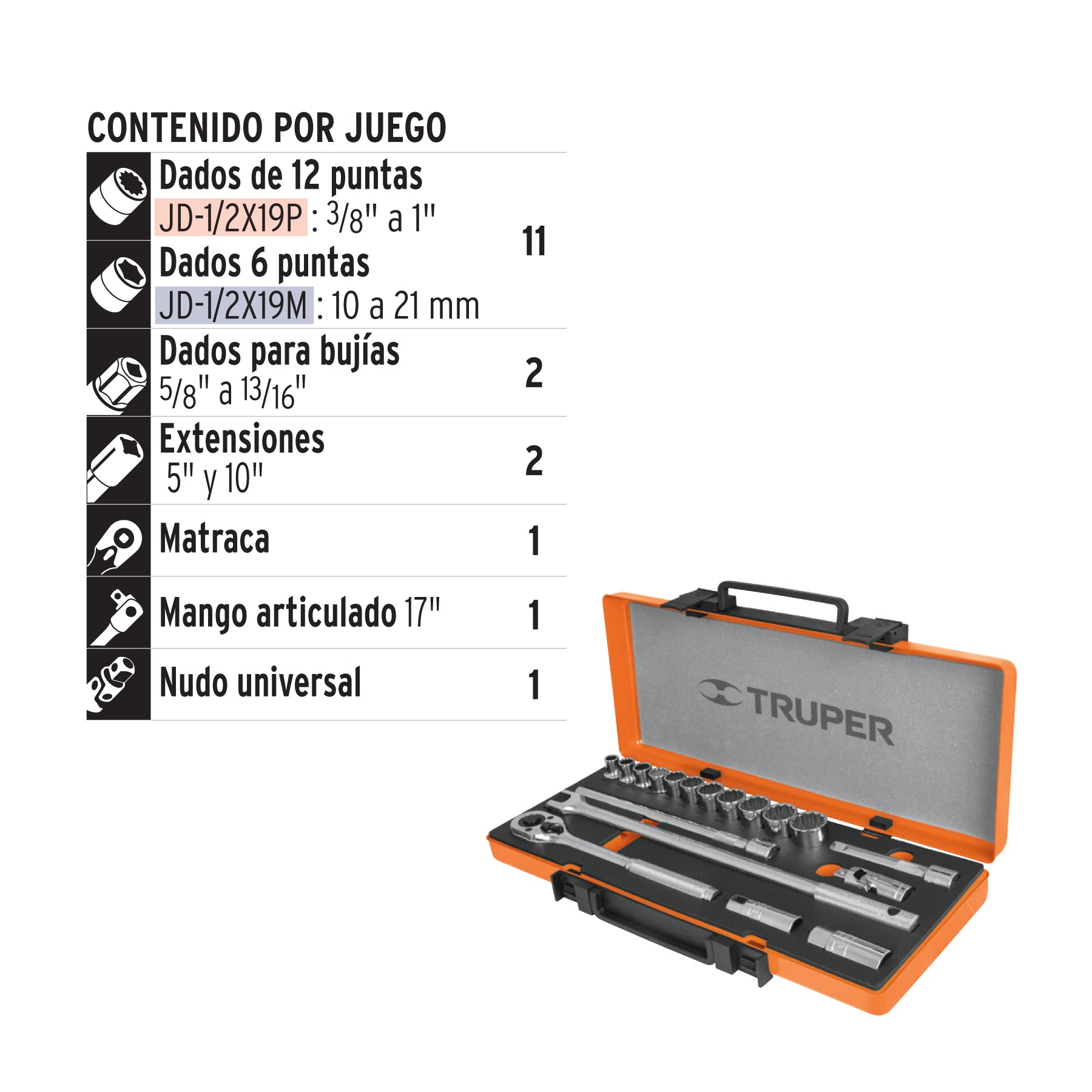Juego de 18 herramientas cuadro 1/2" mm para mecánico