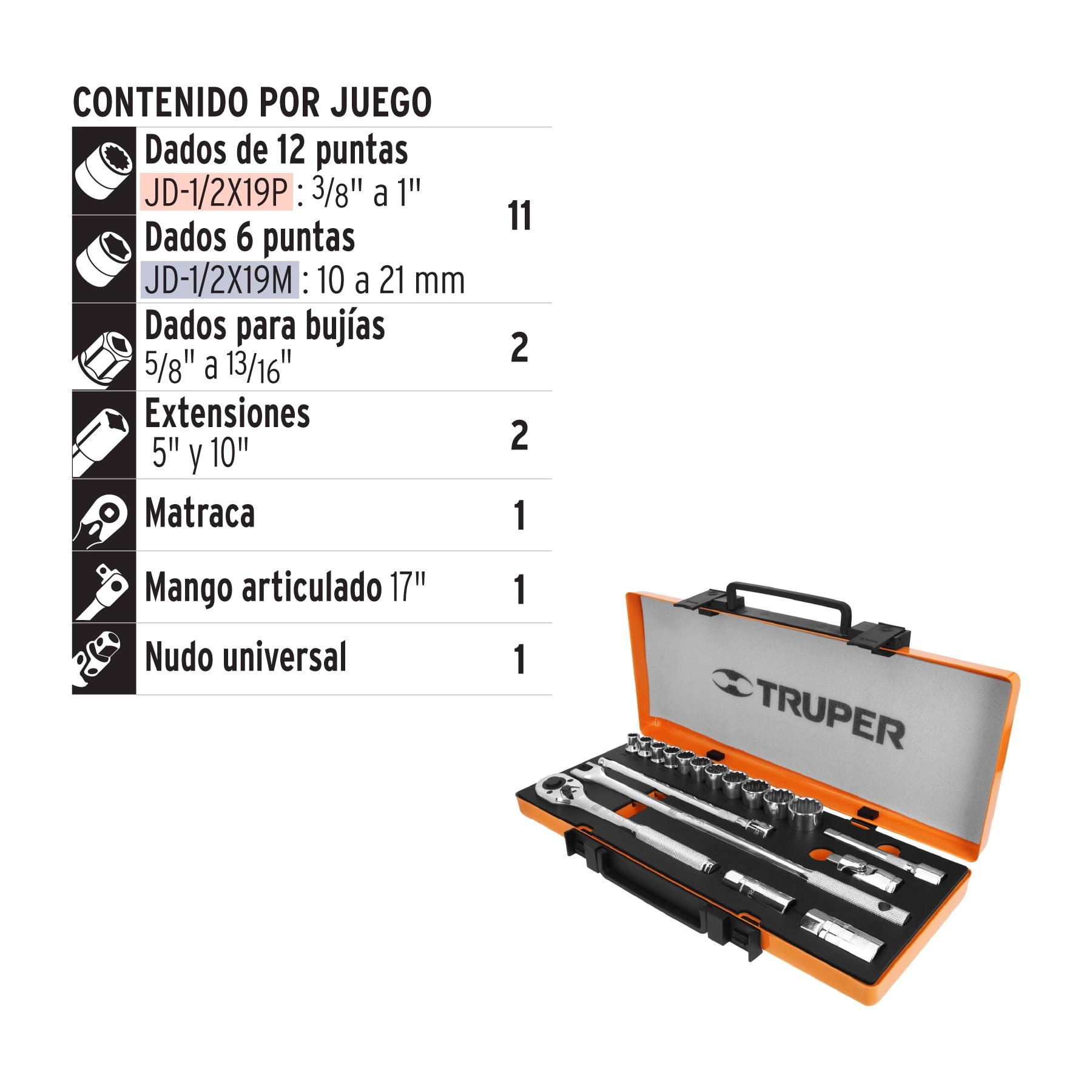 Juego de 18 herramientas cuadro 1/2" estándar para mecánico