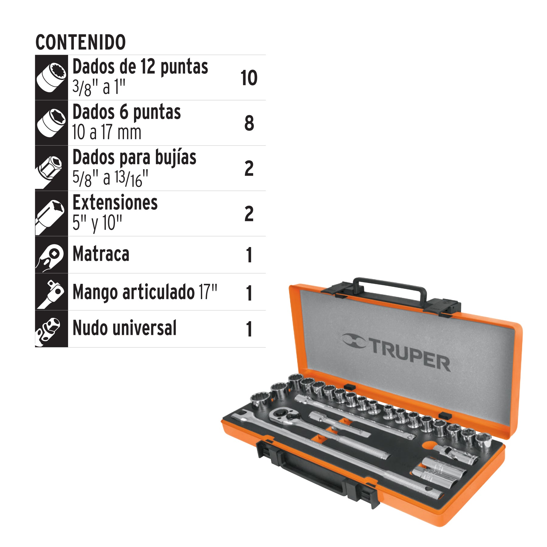 Juego de 25 herramientas cuadro 1/2" estándar y mm para mecánico