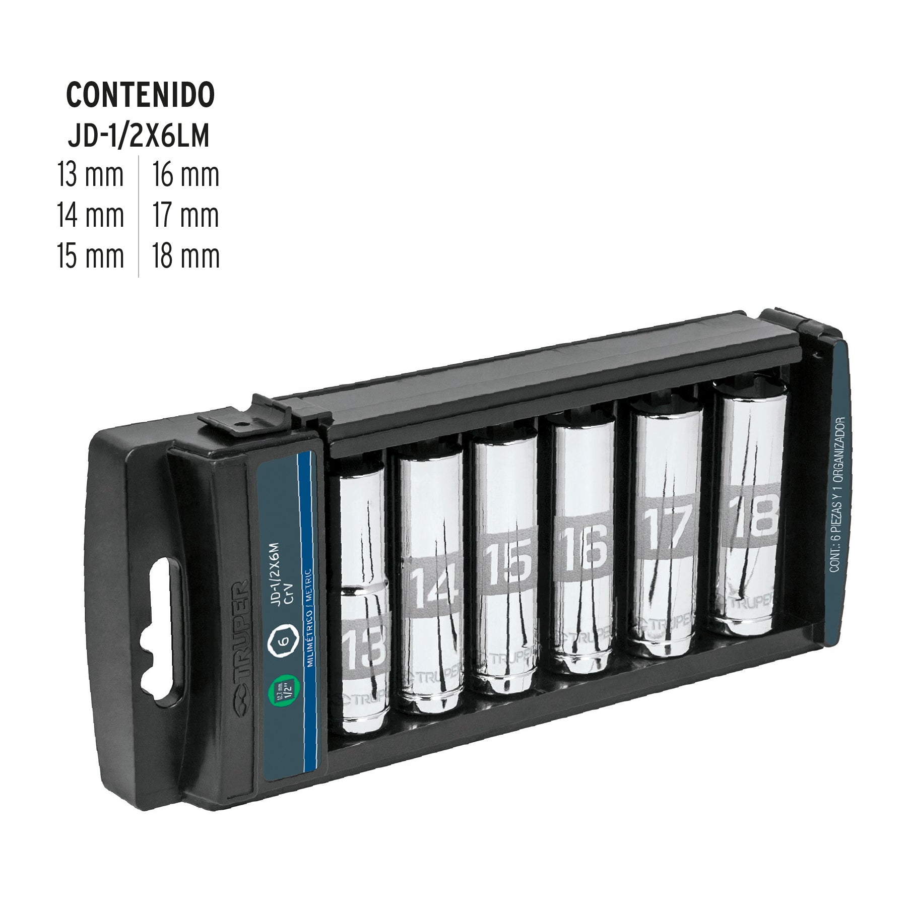 Juego 6 dados largos cuadro 1/2" mm, Truper