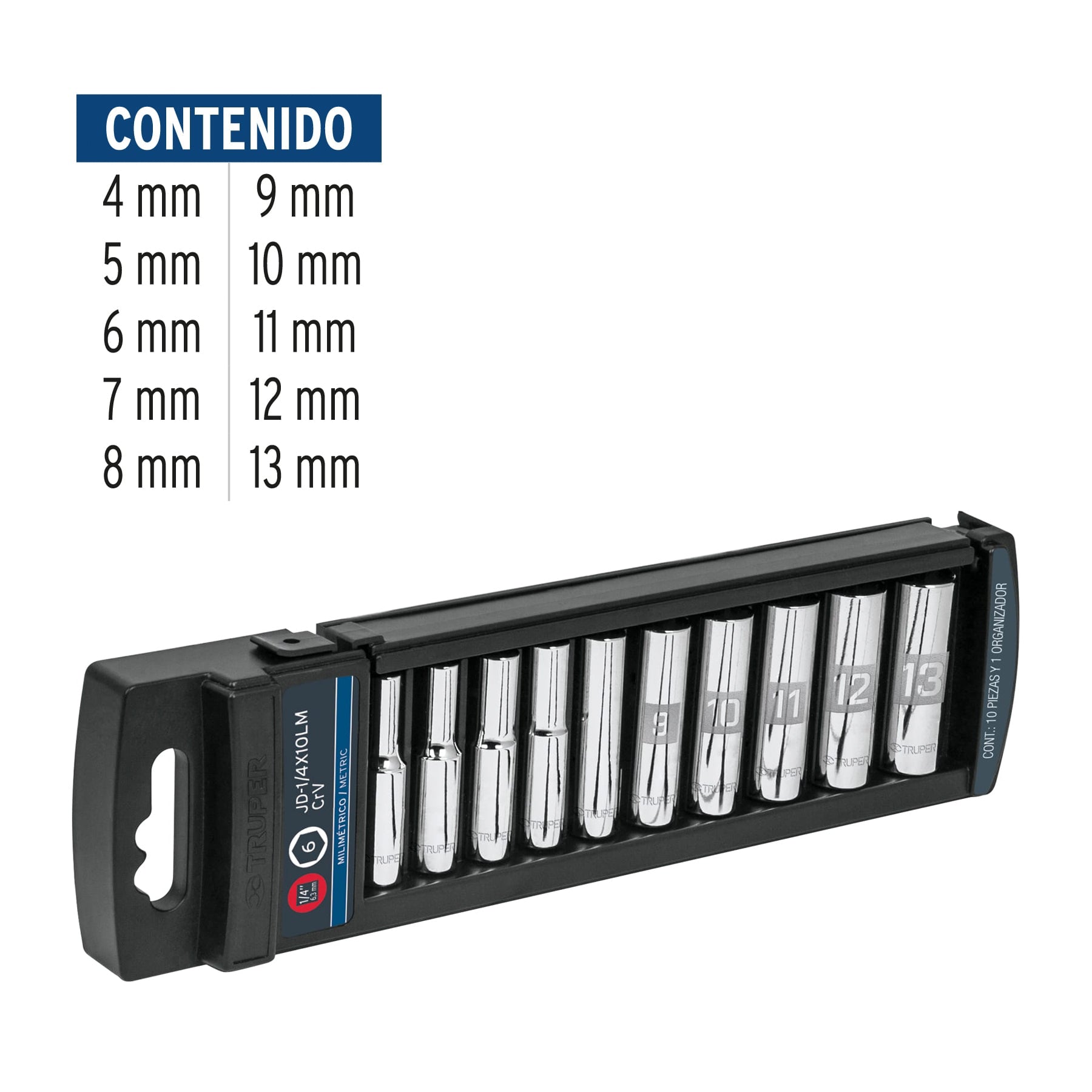 Juego de 10 dados largos cuadro 1/4" mm, Truper