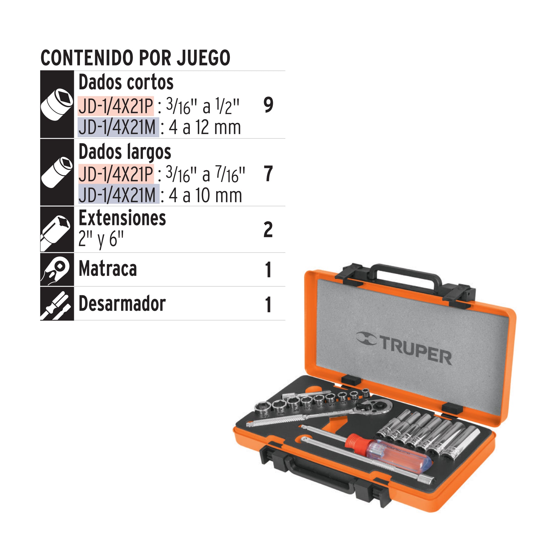 Juego de 20 herramientas cuadro 1/4" mm para mecánico