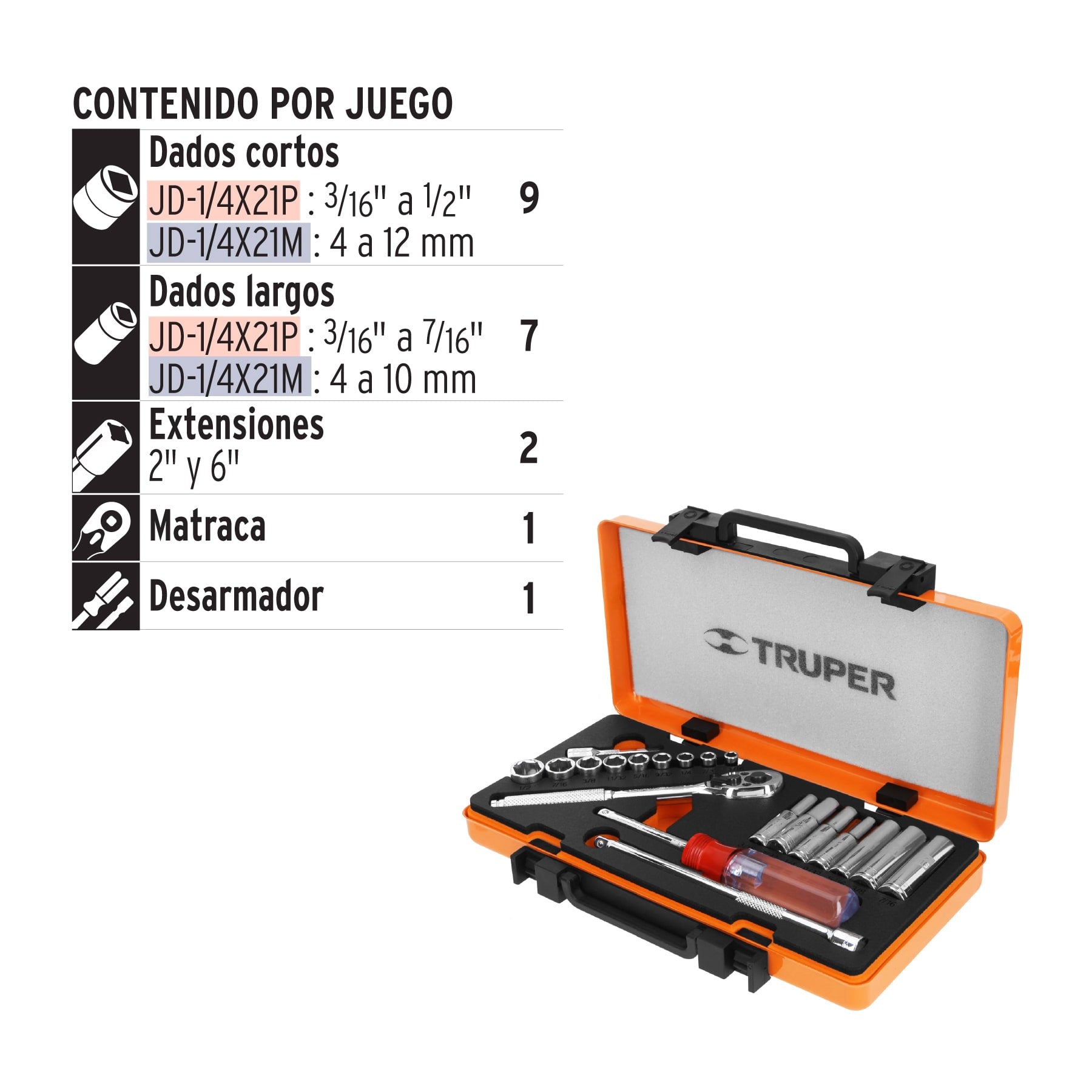 Juego de 20 herramientas cuadro 1/4" estándar para mecánico