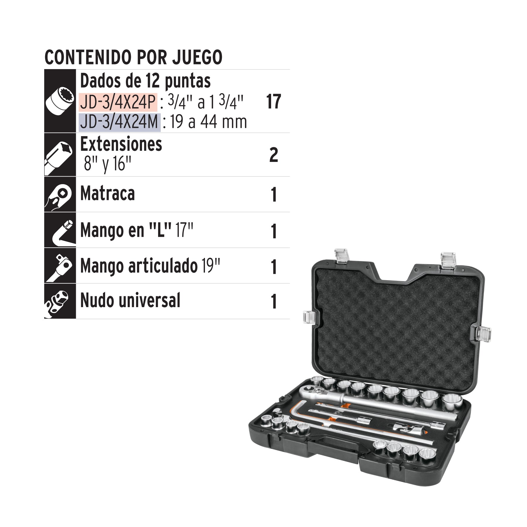 Juego de 23 herramientas cuadro 3/4" estándar para mecánico