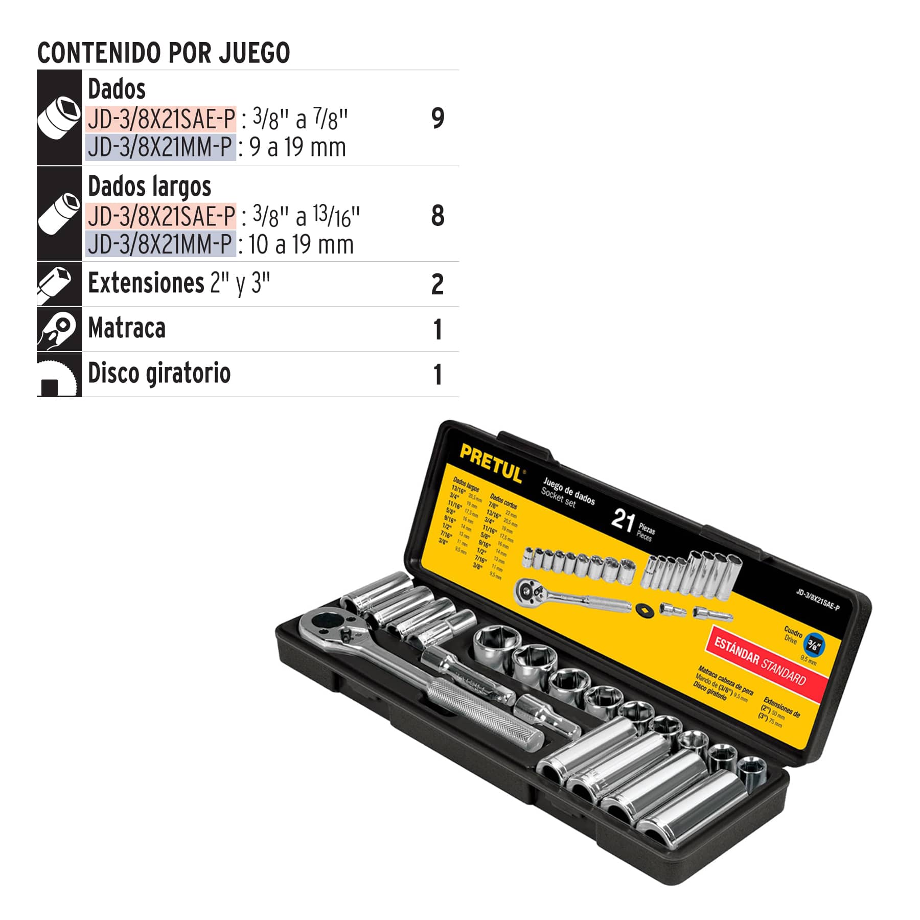 Juego de 21 herramientas 3/8" estándar para mecánico, Pretul