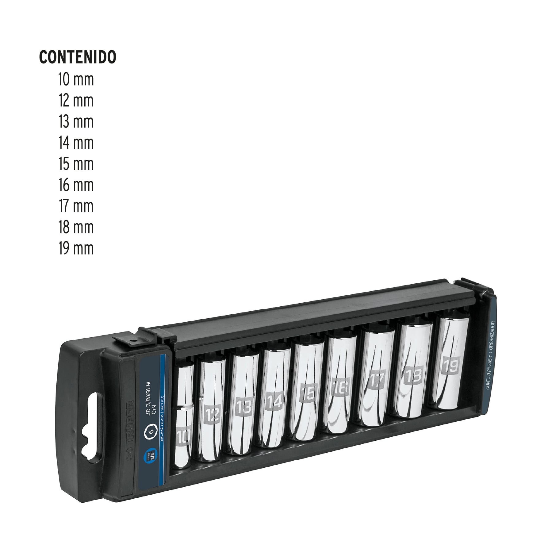 Juego de 9 dados largos cuadro 3/8" mm, Truper