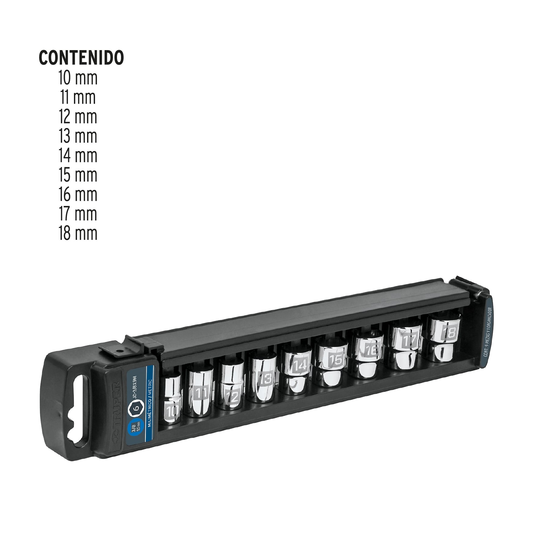 Juego de 9 dados cuadro 3/8" mm, Truper